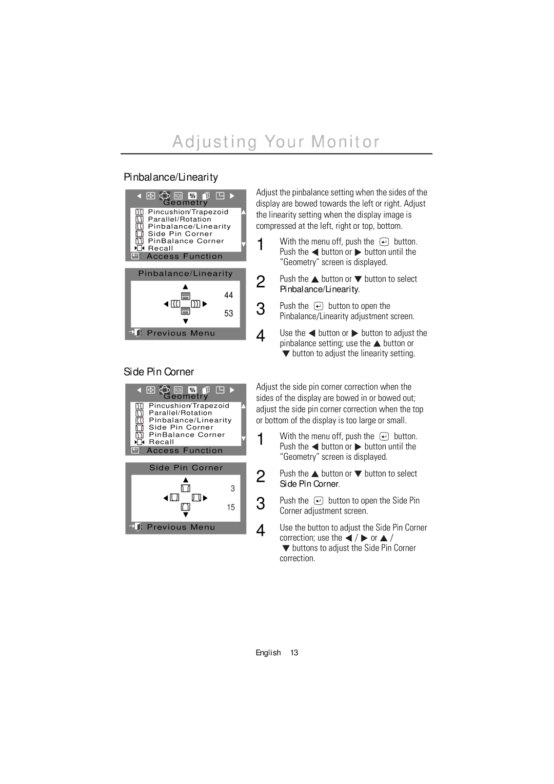 Samsung 1200NF manual Pinbalance/Linearity, Side Pin Corner 