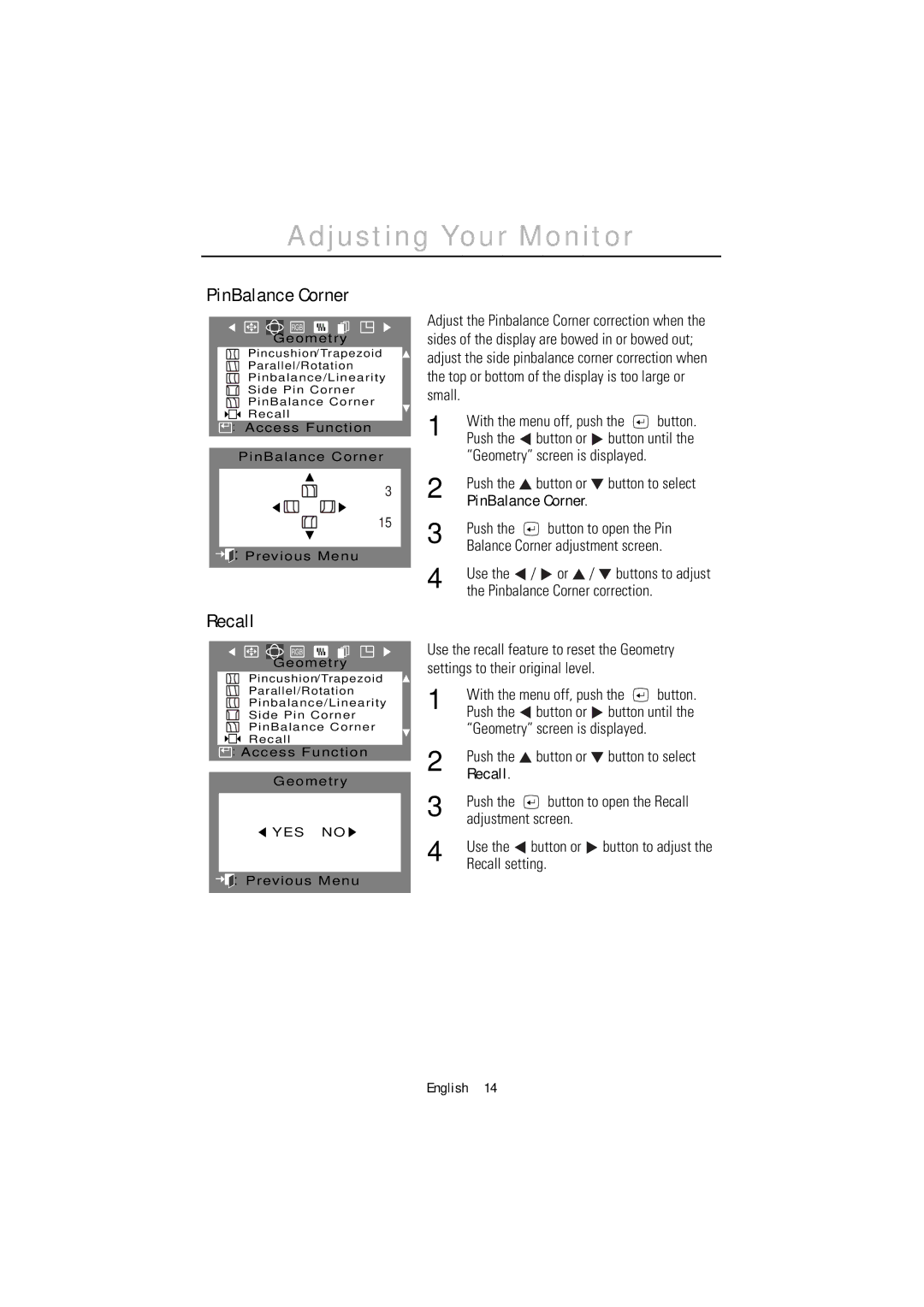 Samsung 1200NF manual PinBalance Corner, Recall 