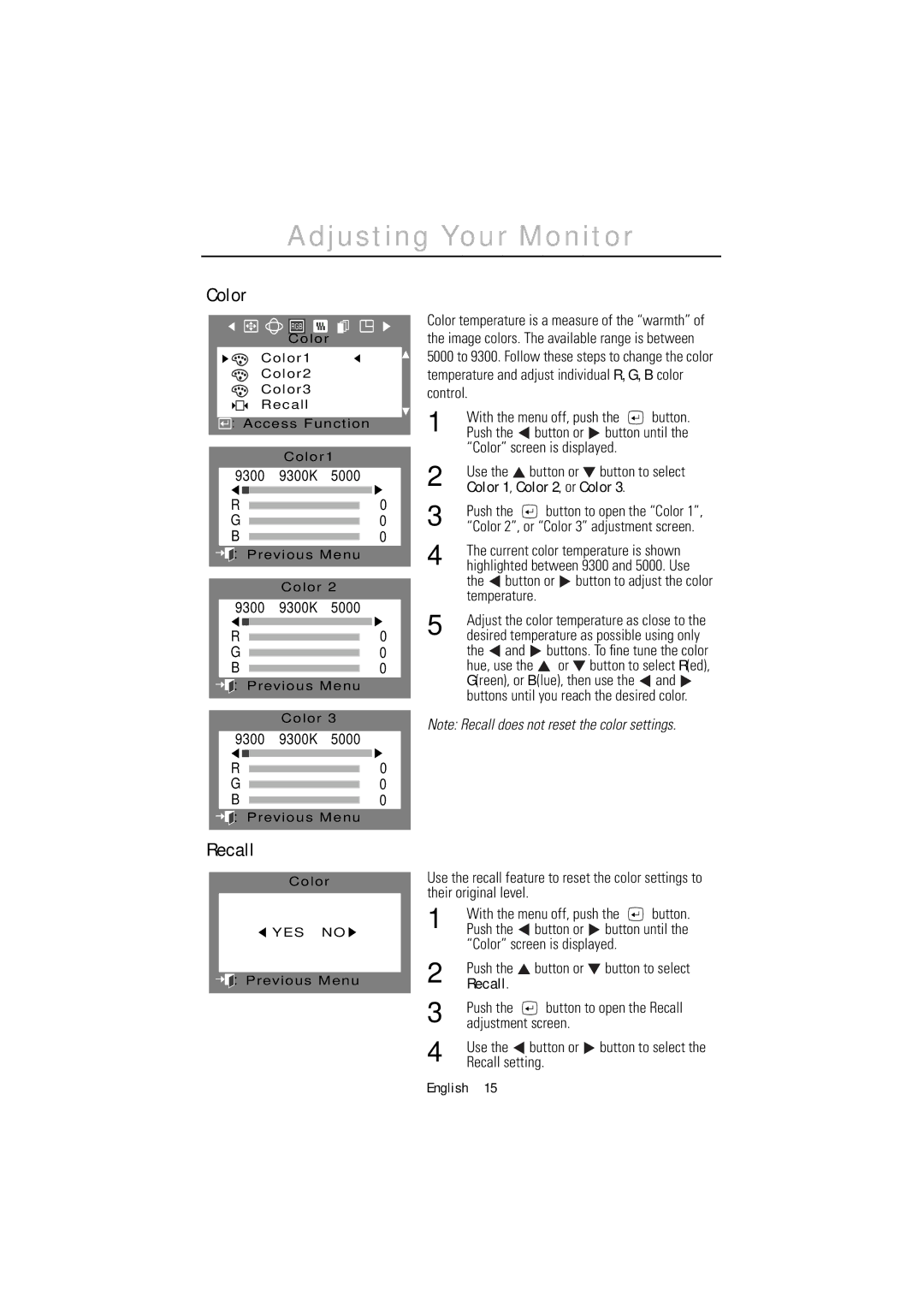 Samsung 1200NF manual Color screen is displayed Use Button or, Temperature, Hue, use 