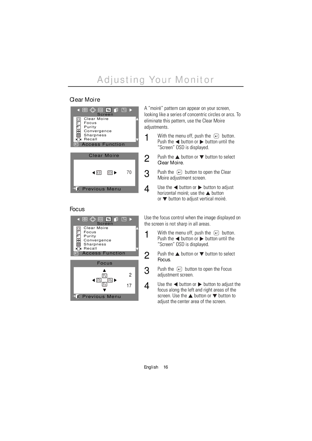 Samsung 1200NF manual Clear Moire, Focus, Push Button or Button until 