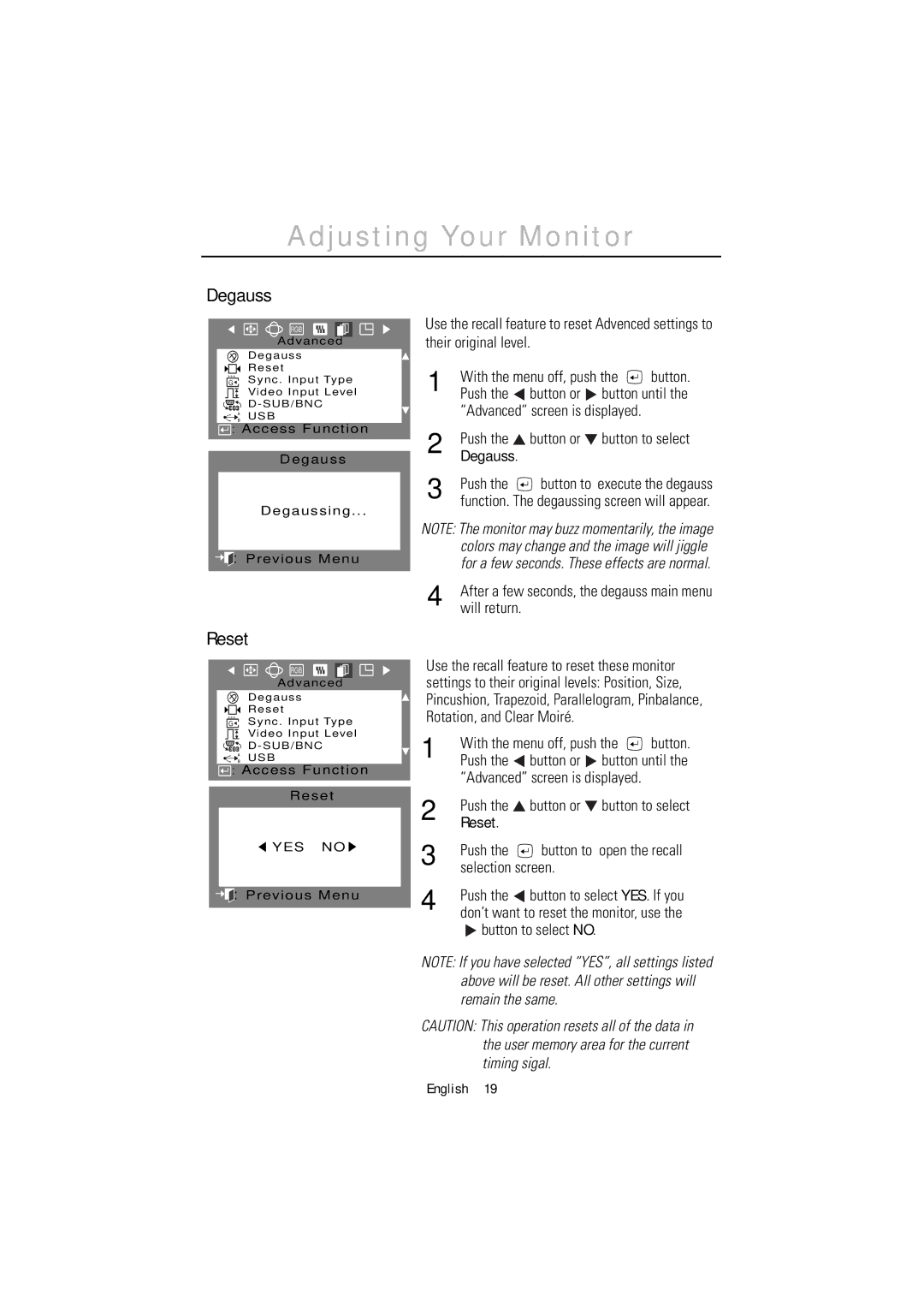 Samsung 1200NF manual Degauss, Reset 