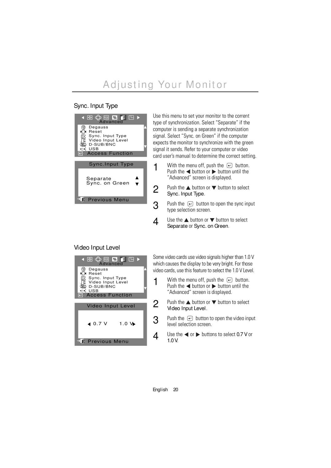 Samsung 1200NF manual Sync. Input Type, Video Input Level, Use Button or Button to select 