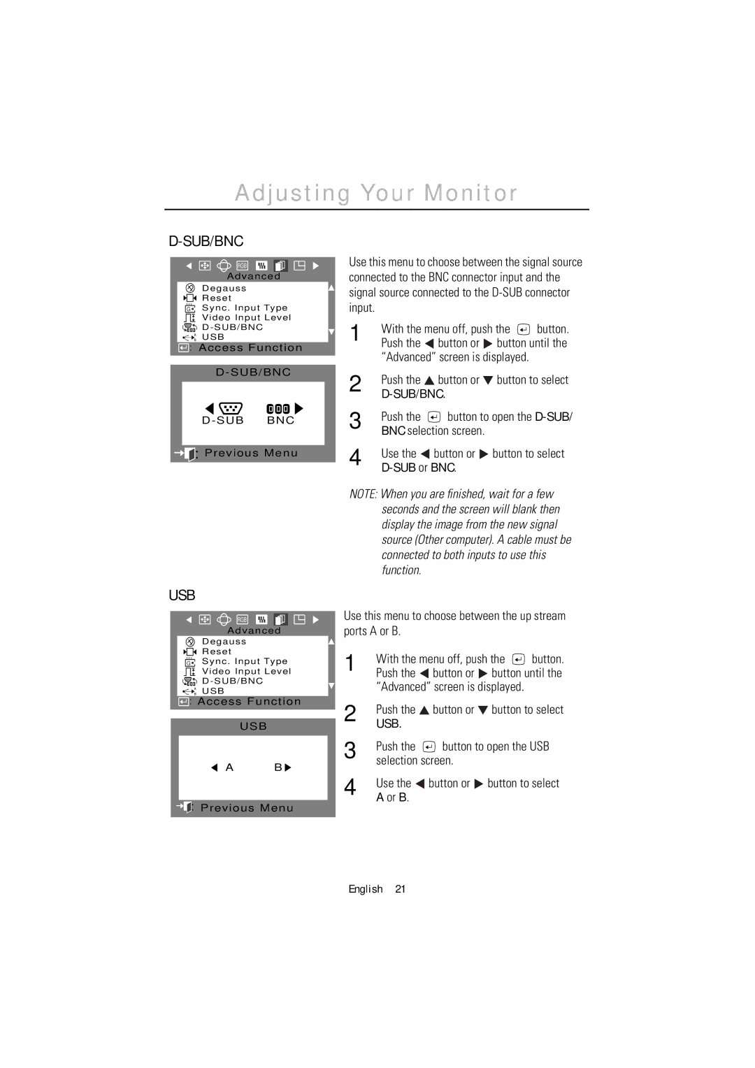 Samsung 1200NF manual SUB or BNC, Selection screen Use Button or, Or B 