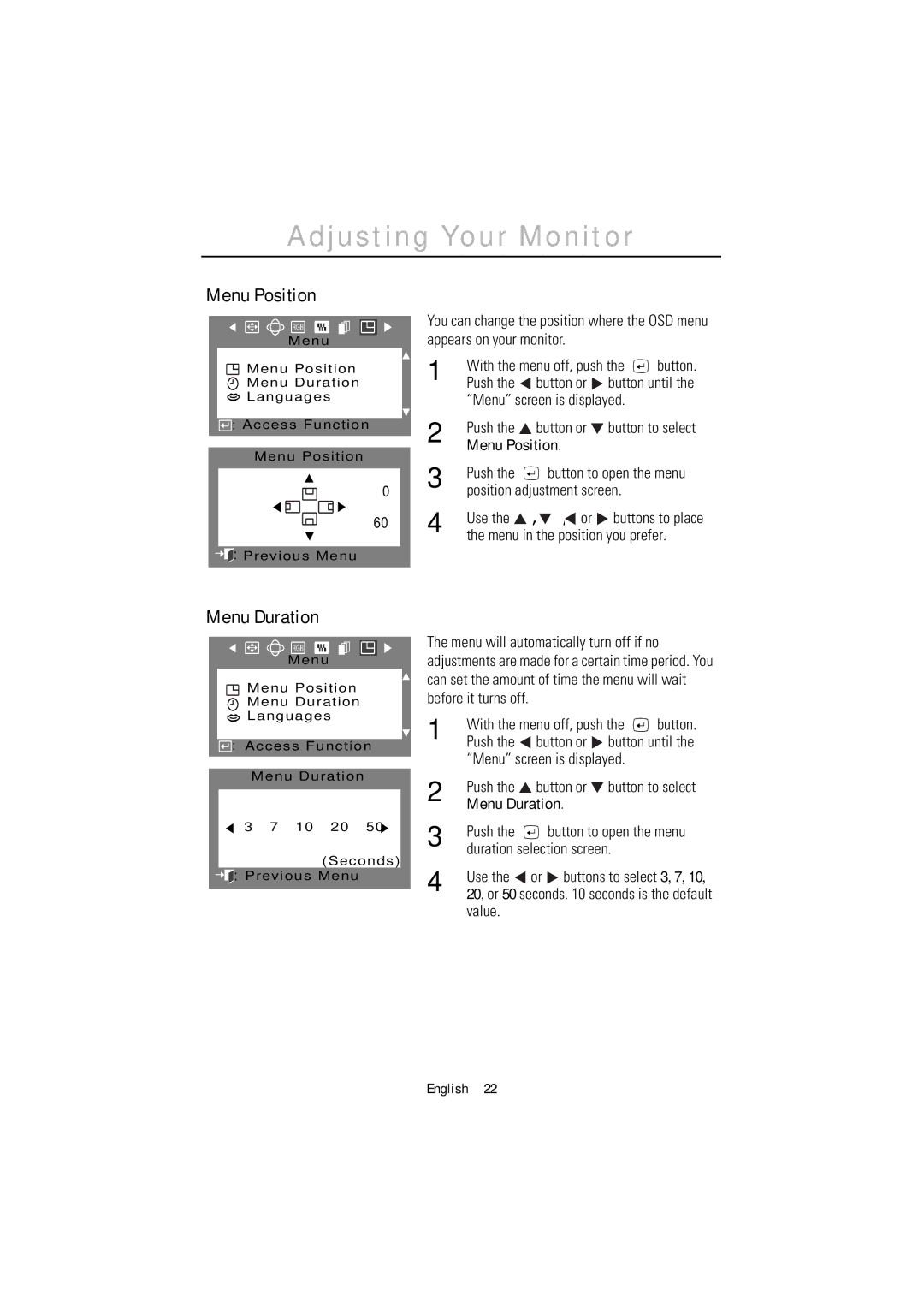 Samsung 1200NF manual Menu Position, Menu Duration 