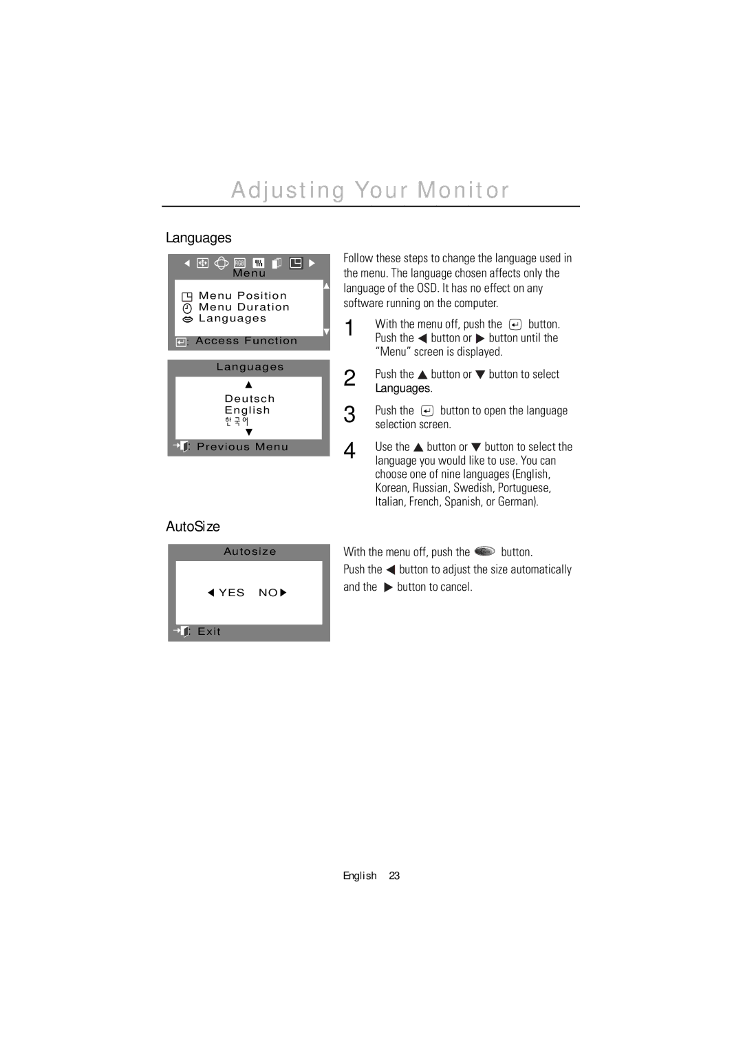 Samsung 1200NF manual Languages, AutoSize 