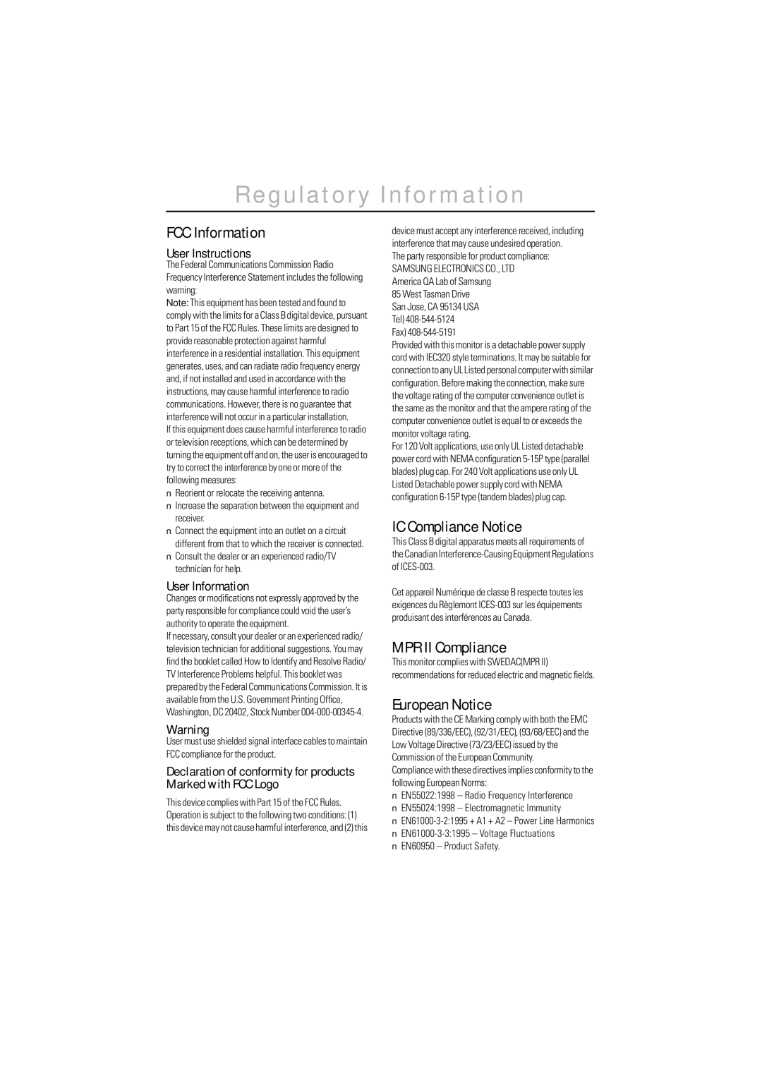 Samsung 1200NF manual Regulatory Information, FCC Information, IC Compliance Notice, MPR II Compliance, European Notice 