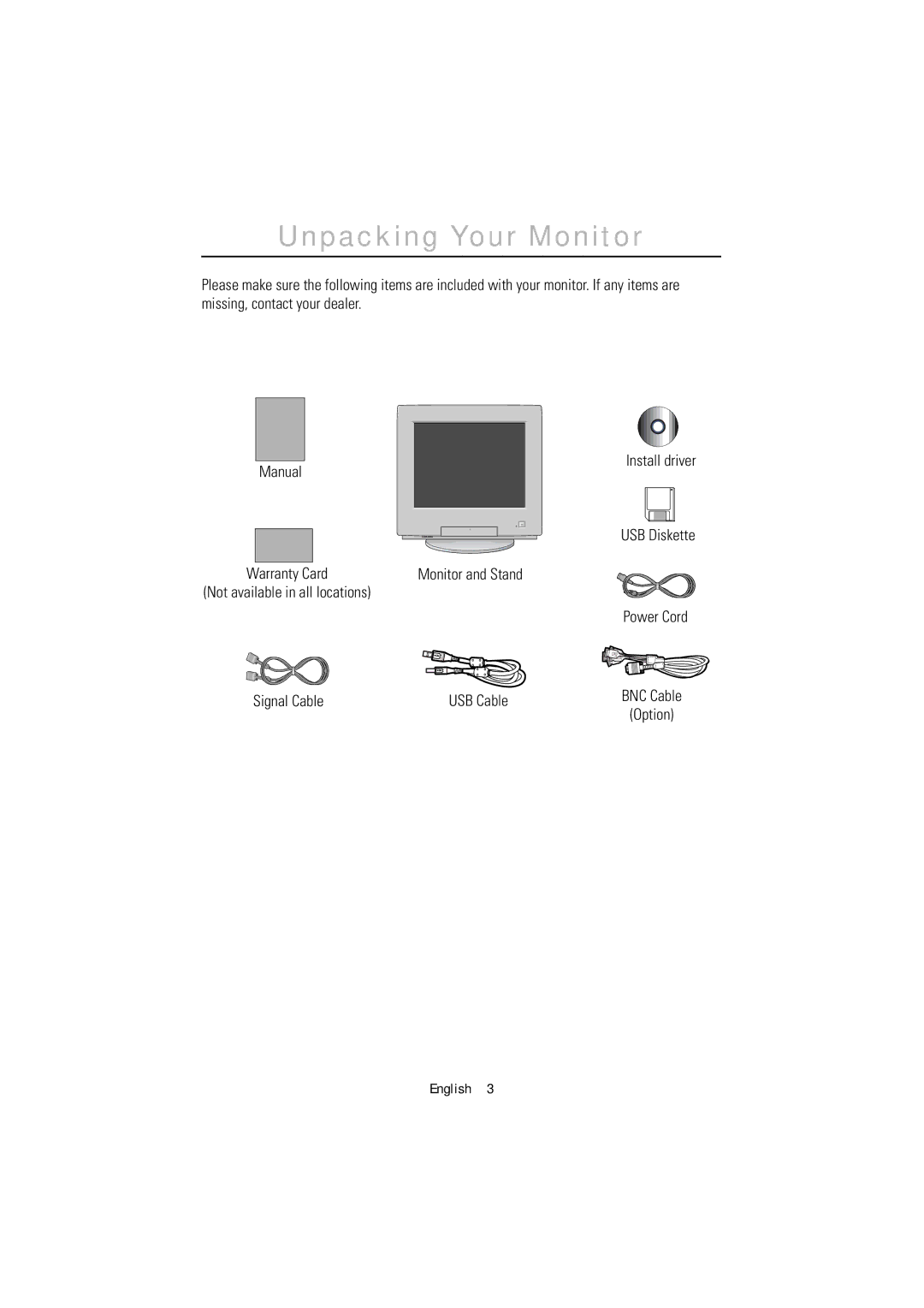 Samsung 1200NF manual Unpacking Your Monitor, Signal Cable, USB Diskette Monitor and Stand Power Cord USB Cable 