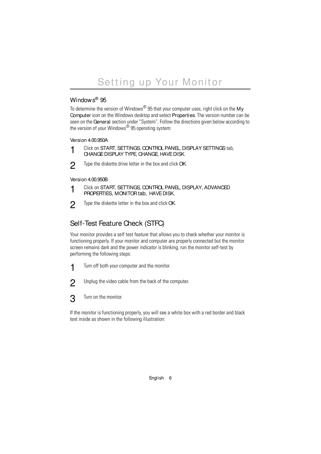 Samsung 1200NF Self-Test Feature Check Stfc, Version 4.00.950A, Version 4.00.950B, PROPERTIES, Monitor tab, have Disk 