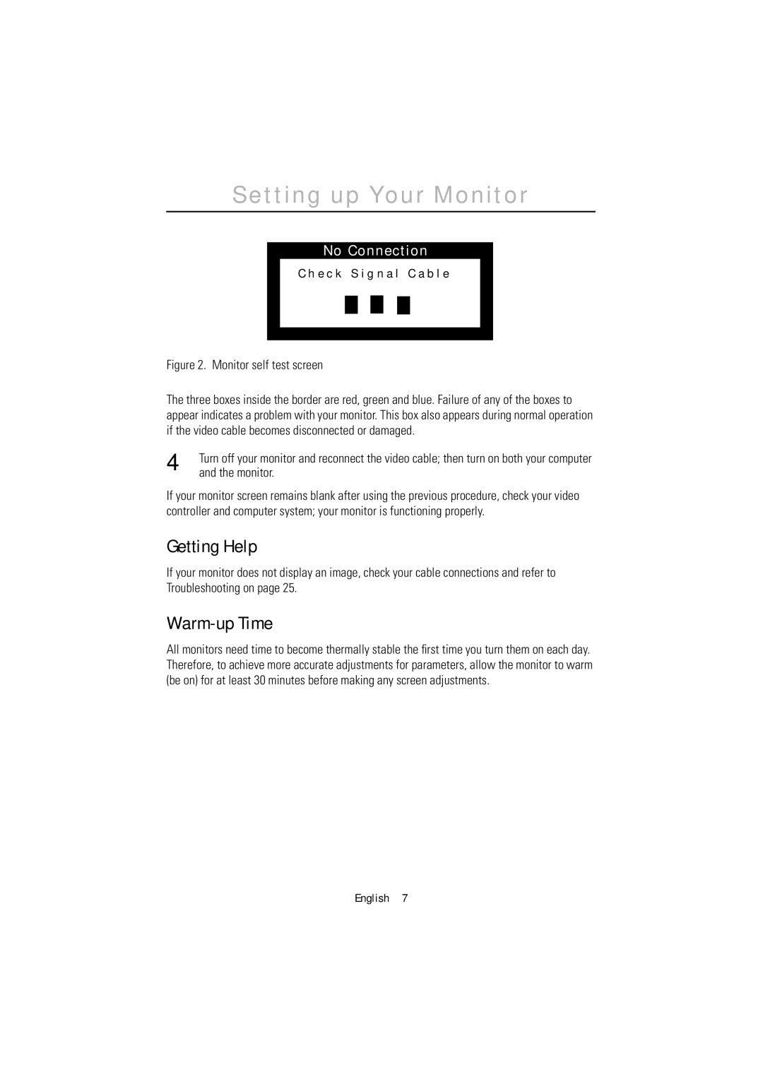 Samsung 1200NF manual Getting Help, Warm-up Time, Monitor 