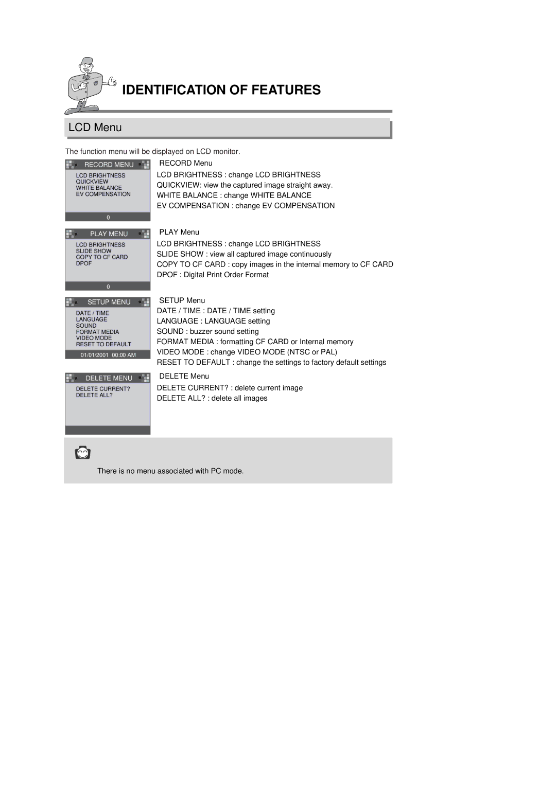 Samsung 130 manual LCD Menu, Function menu will be displayed on LCD monitor 