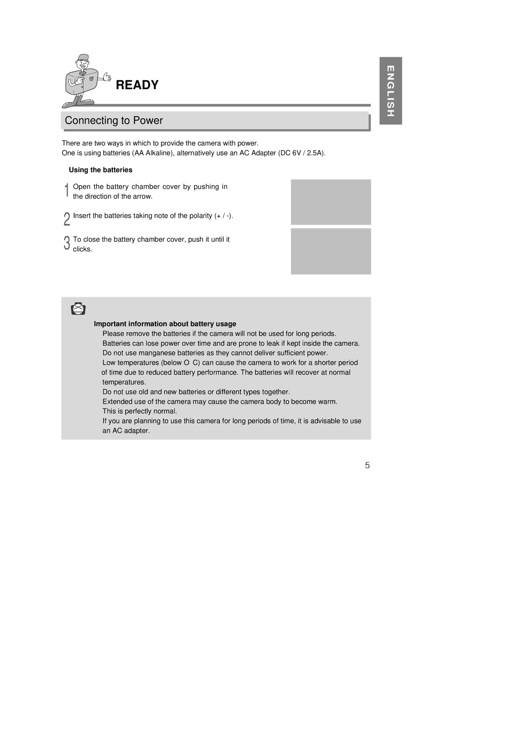 Samsung 130 manual Ready, Connecting to Power, Using the batteries, Important information about battery usage 