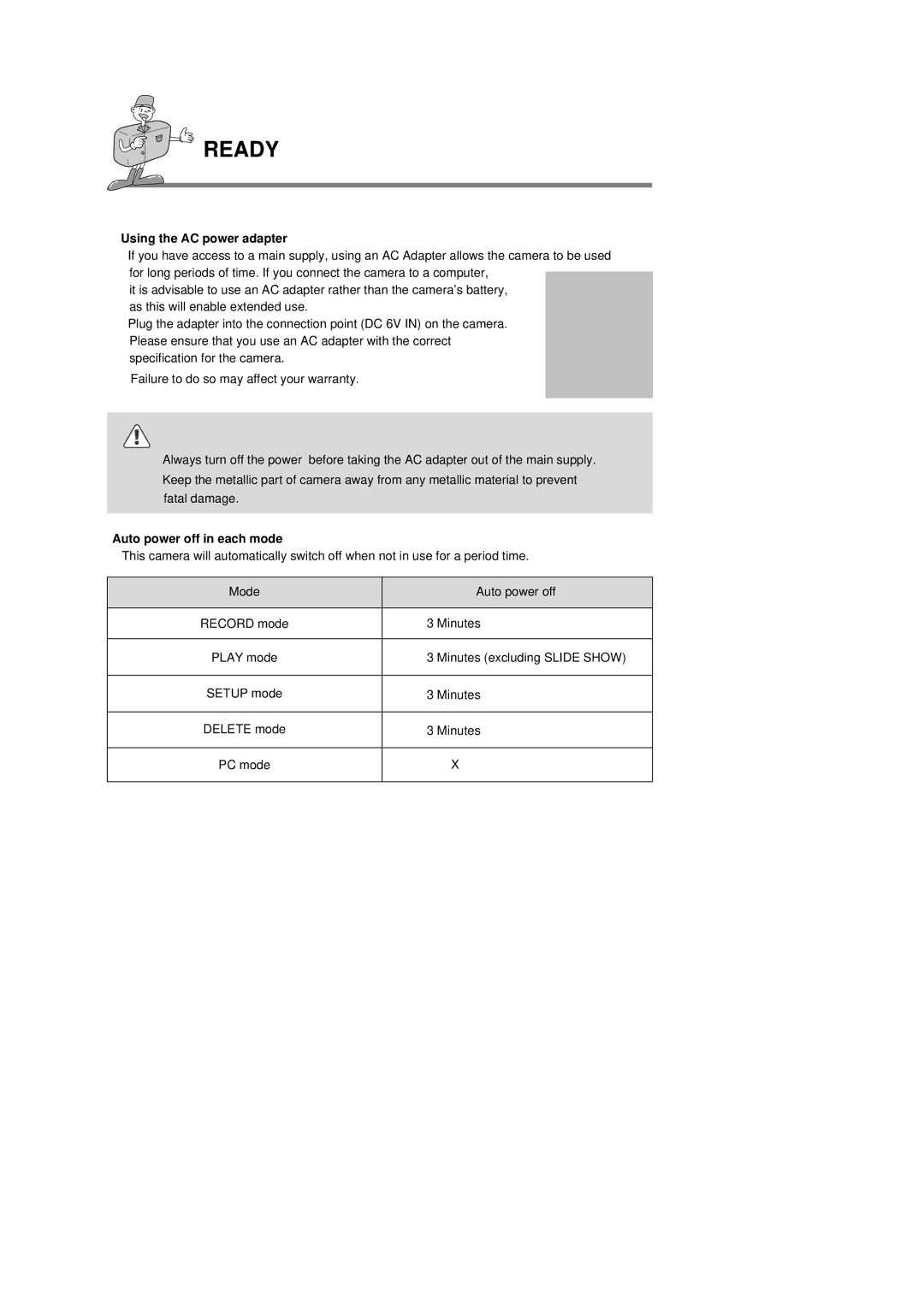 Samsung 130 manual Using the AC power adapter, Auto power off in each mode 