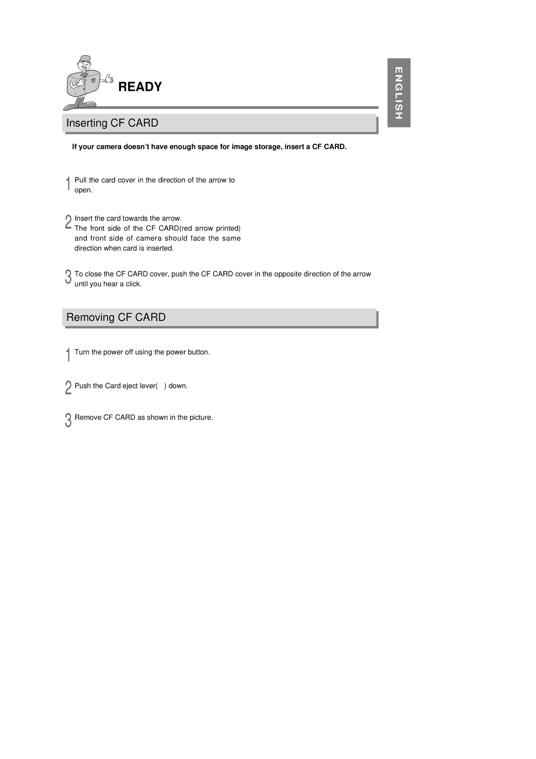 Samsung 130 manual Inserting CF Card, Removing CF Card 