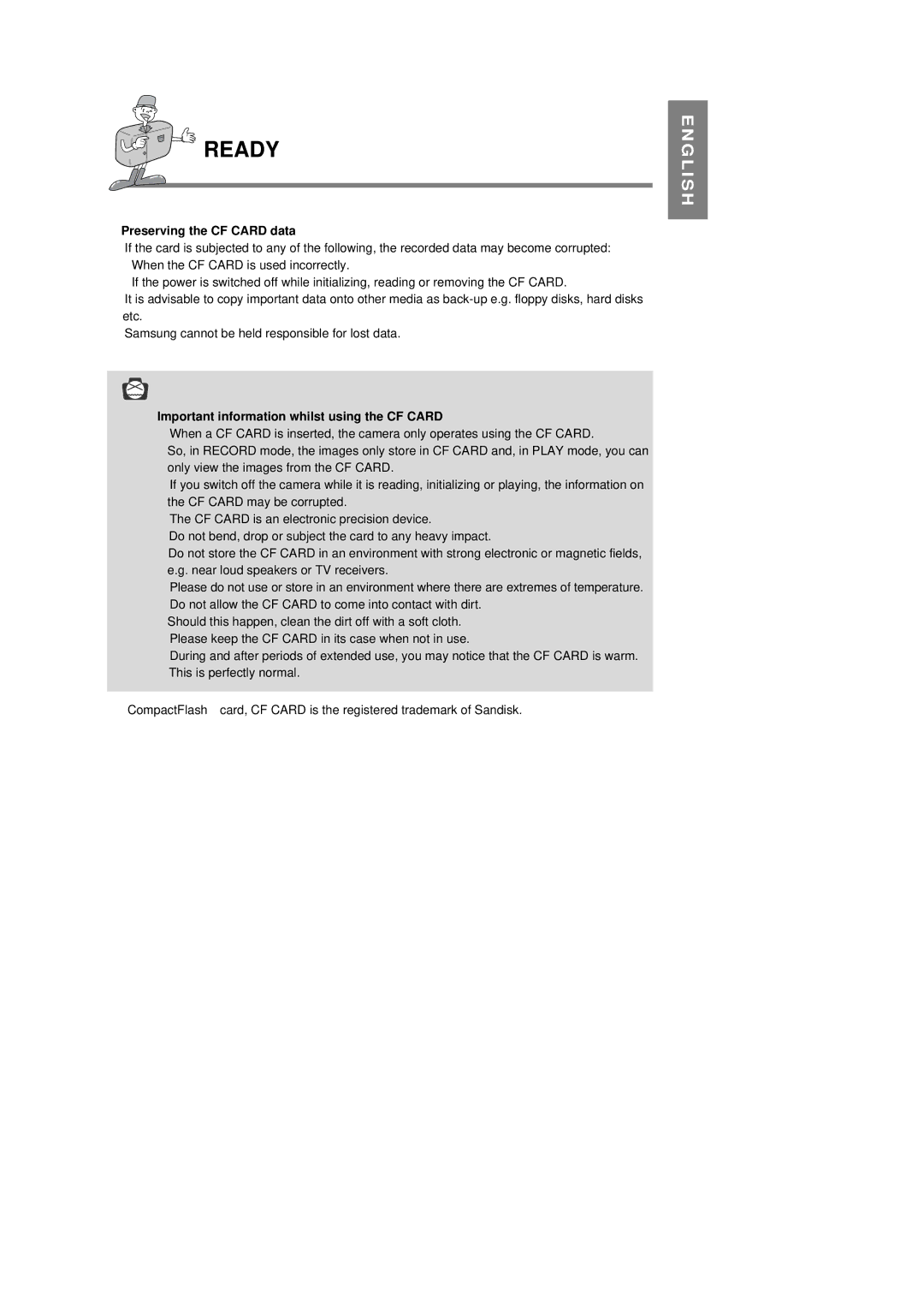 Samsung 130 manual Preserving the CF Card data, Important information whilst using the CF Card 