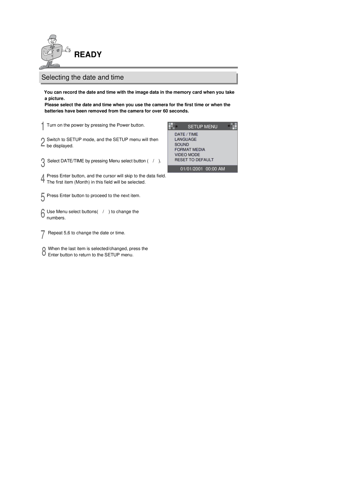 Samsung 130 manual Selecting the date and time, Setup Menu 