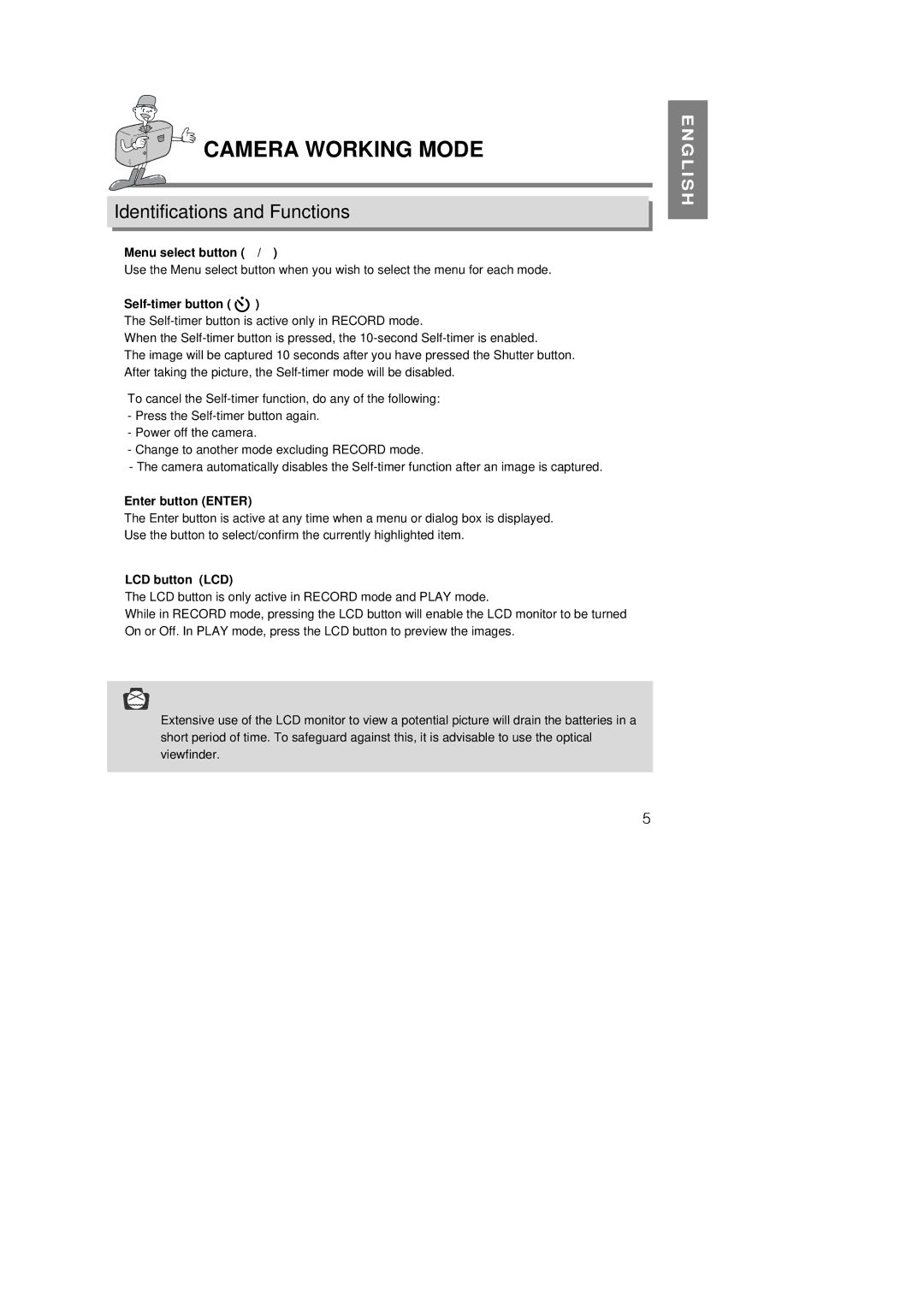 Samsung 130 manual Menu select button, Self-timer button, Enter button Enter, LCD button LCD 