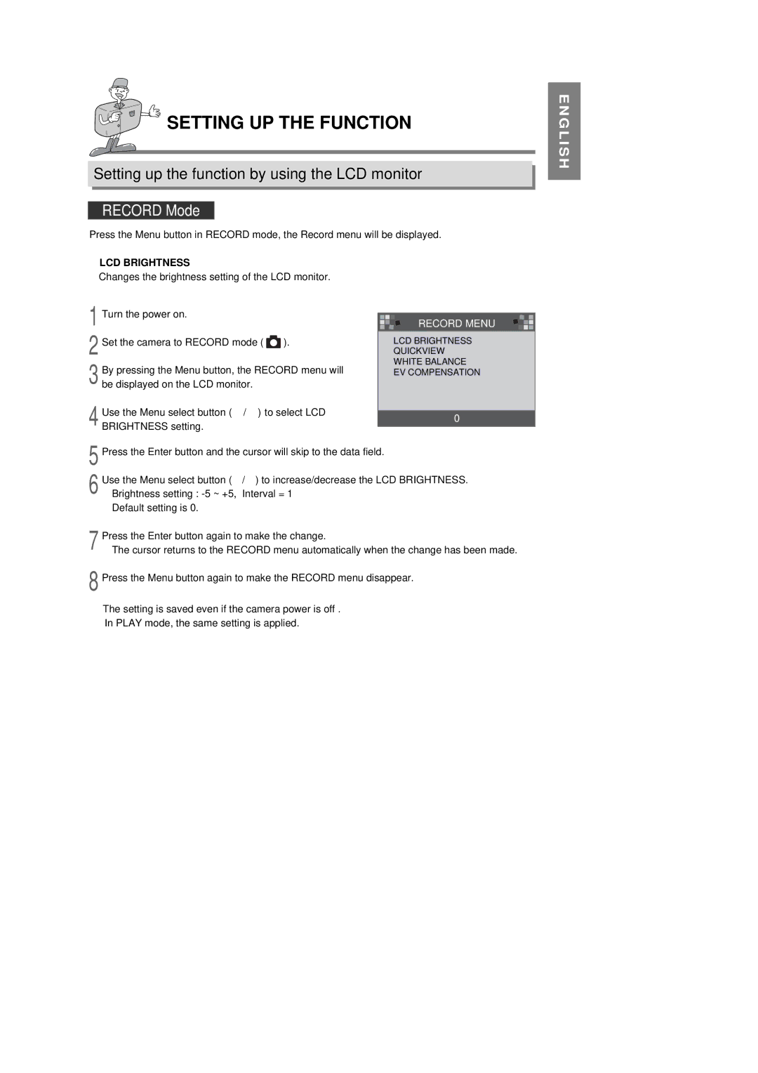 Samsung 130 manual Setting up the function by using the LCD monitor, LCD Brightness, Record Menu 