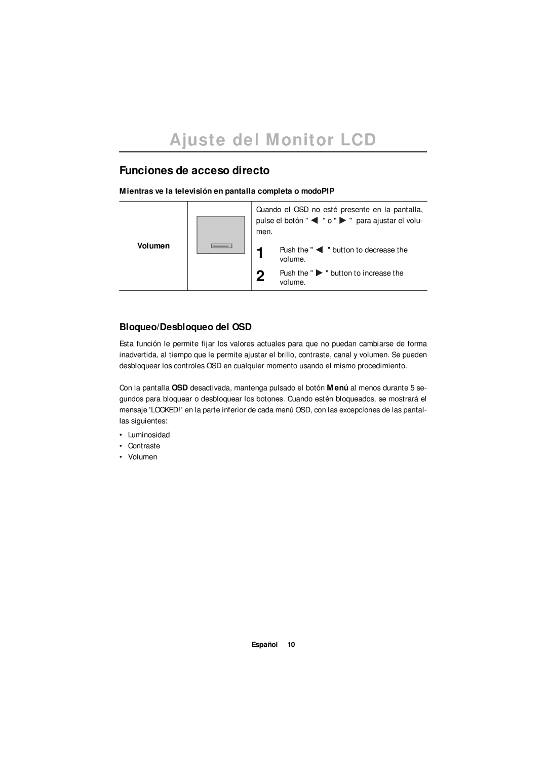 Samsung 150MB, 170MB manual Funciones de acceso directo, Bloqueo/Desbloqueo del OSD, Volume 