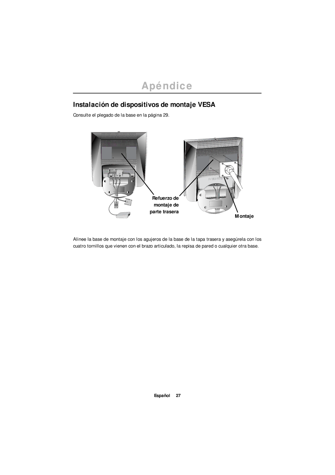 Samsung 170MB, 150MB manual Instalación de dispositivos de montaje Vesa, Consulte el plegado de la base en la página 