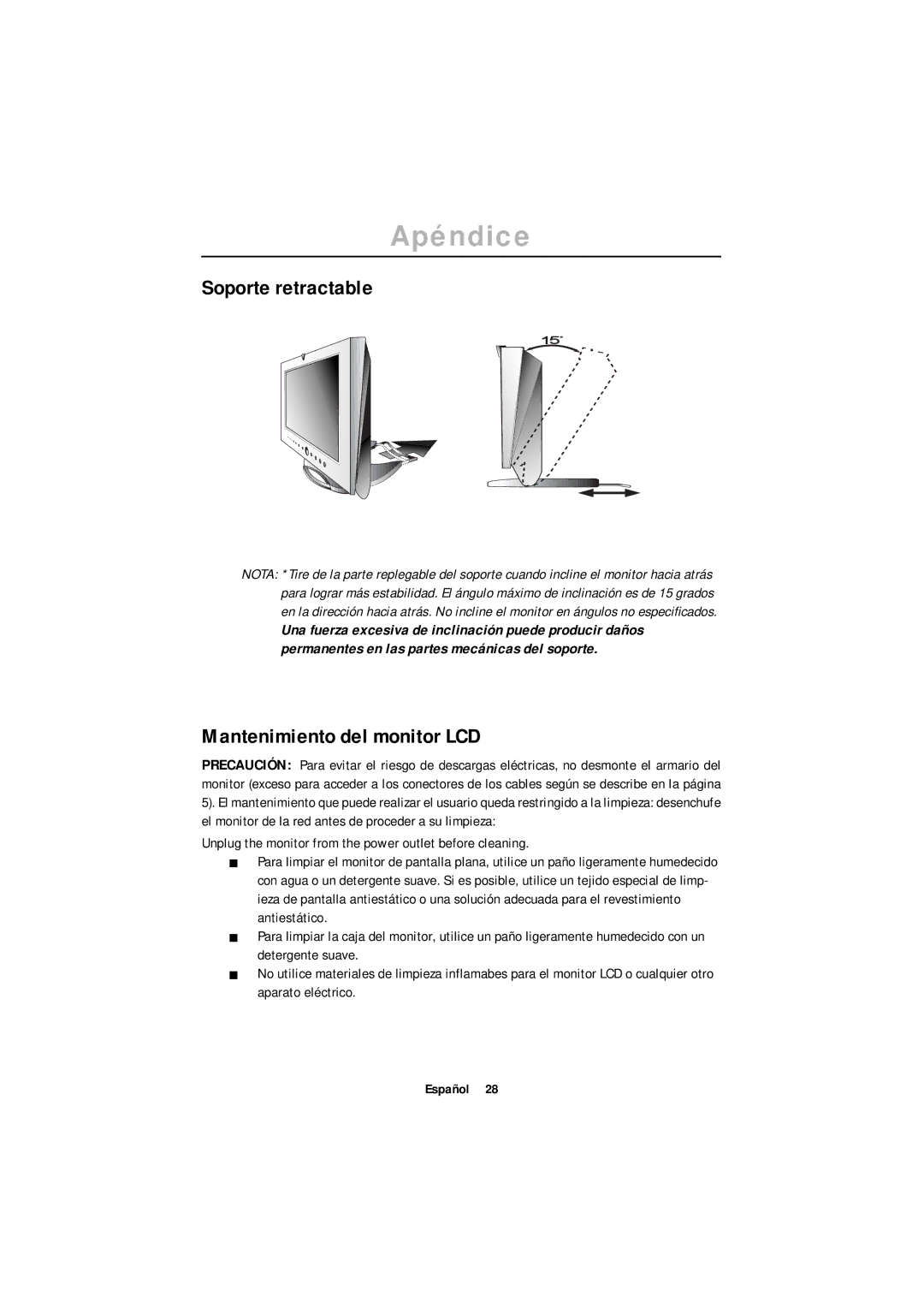 Samsung 150MB, 170MB manual Soporte retractable, Mantenimiento del monitor LCD 