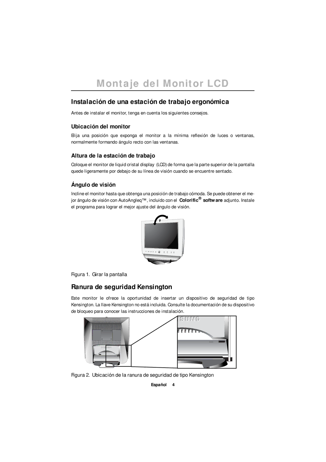 Samsung 150MB Montaje del Monitor LCD, Instalación de una estación de trabajo ergonómica, Ranura de seguridad Kensington 