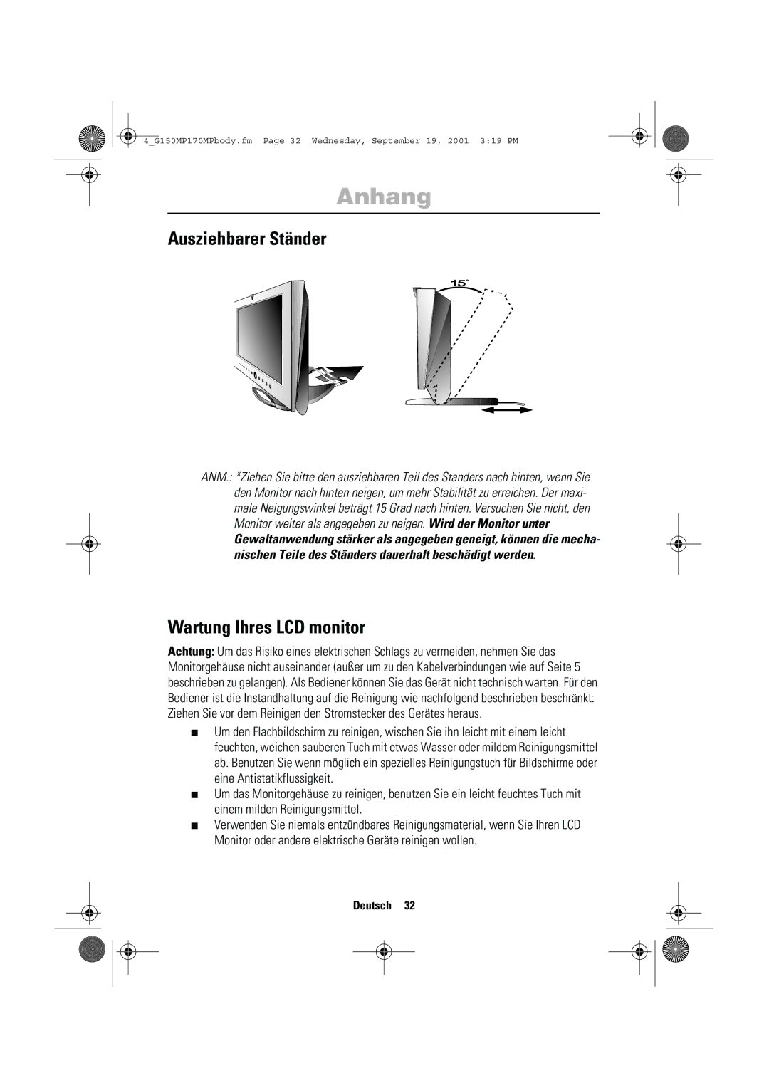 Samsung ML15ASSS/EDC, 150MP, ML15ASASS/EDC, ML17ASSS/EDC, ML15ASSSS/EDC manual Ausziehbarer Ständer, Wartung Ihres LCD monitor 