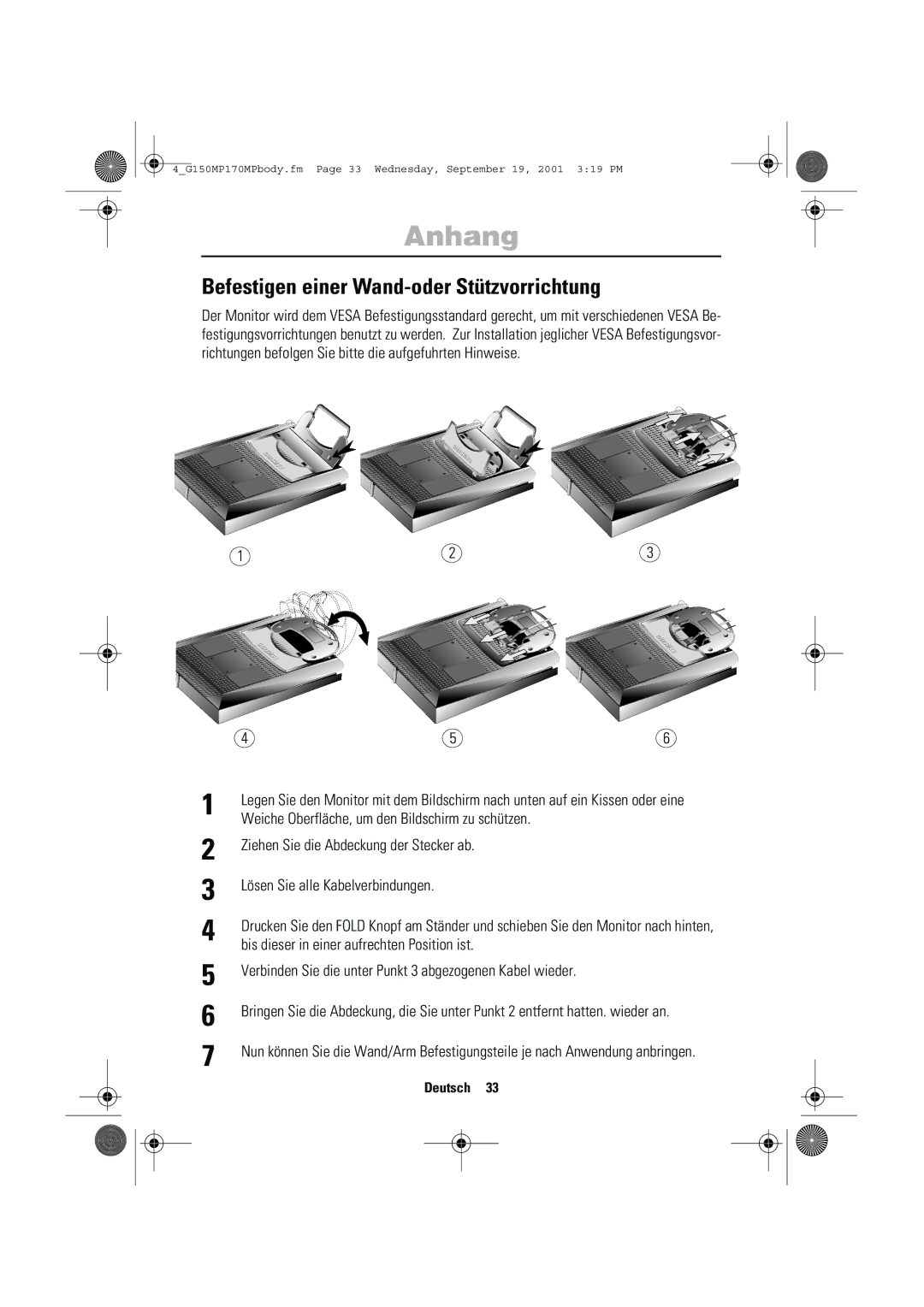 Samsung ML17ASSSS/EDC Befestigen einer Wand-oder Stützvorrichtung, 456, Weiche Oberfläche, um den Bildschirm zu schützen 