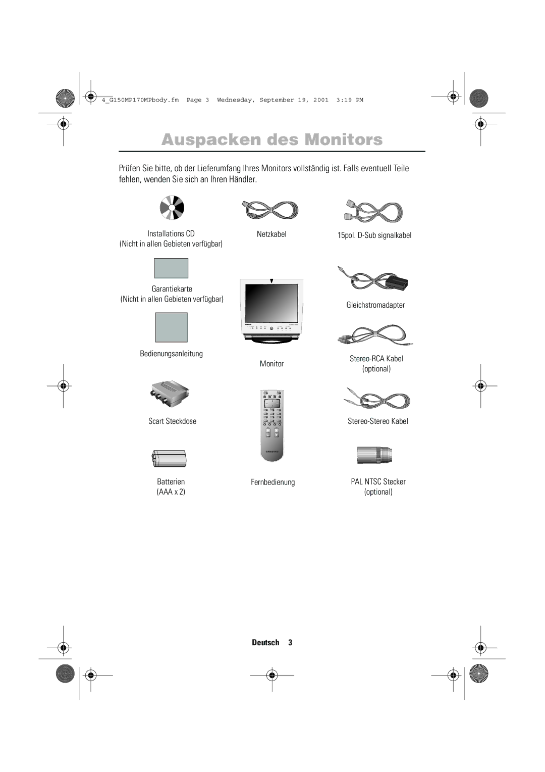 Samsung ML17ASSSS/EDC, 150MP, ML15ASASS/EDC, ML17ASSS/EDC, ML15ASSSS/EDC, ML15ASSS/EDC manual Auspacken des Monitors 