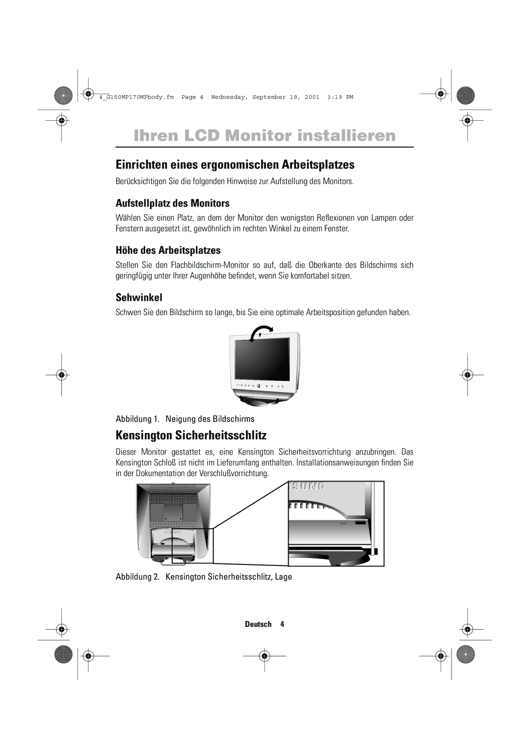 Samsung 150MP Ihren LCD Monitor installieren, Einrichten eines ergonomischen Arbeitsplatzes, Kensington Sicherheitsschlitz 