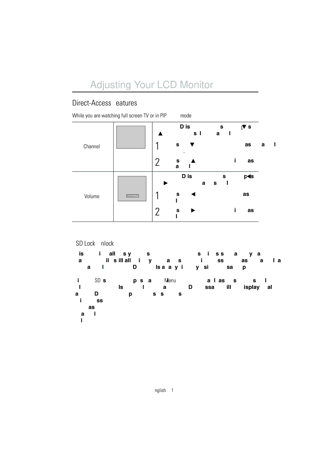 Samsung 150MP manual Direct-Access Features, OSD Lock/Unlock, While you are watching full screen TV or in PIP mode, Volume 