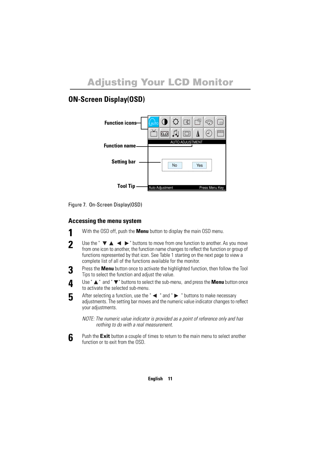 Samsung 150MP manual ON-Screen DisplayOSD, Accessing the menu system, Function icons, Function name, Setting bar Tool Tip 