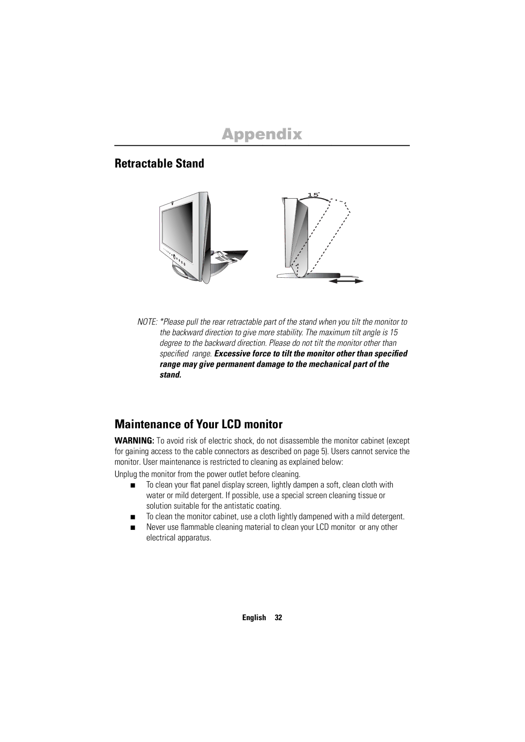 Samsung 150MP Maintenance of Your LCD monitor, Retractable Stand, Unplug the monitor from the power outlet before cleaning 