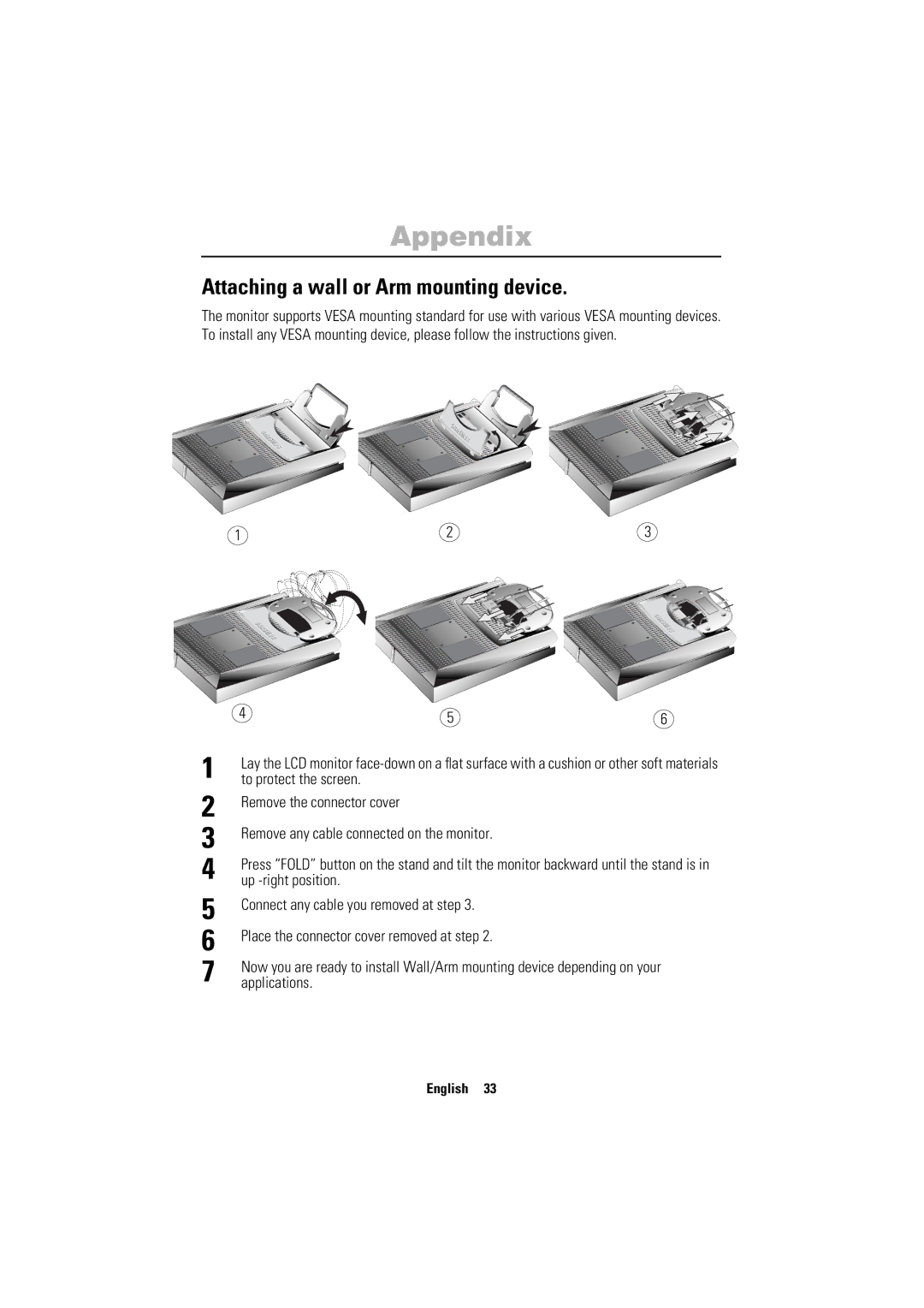 Samsung 150MP Attaching a wall or Arm mounting device, To protect the screen, Remove any cable connected on the monitor 