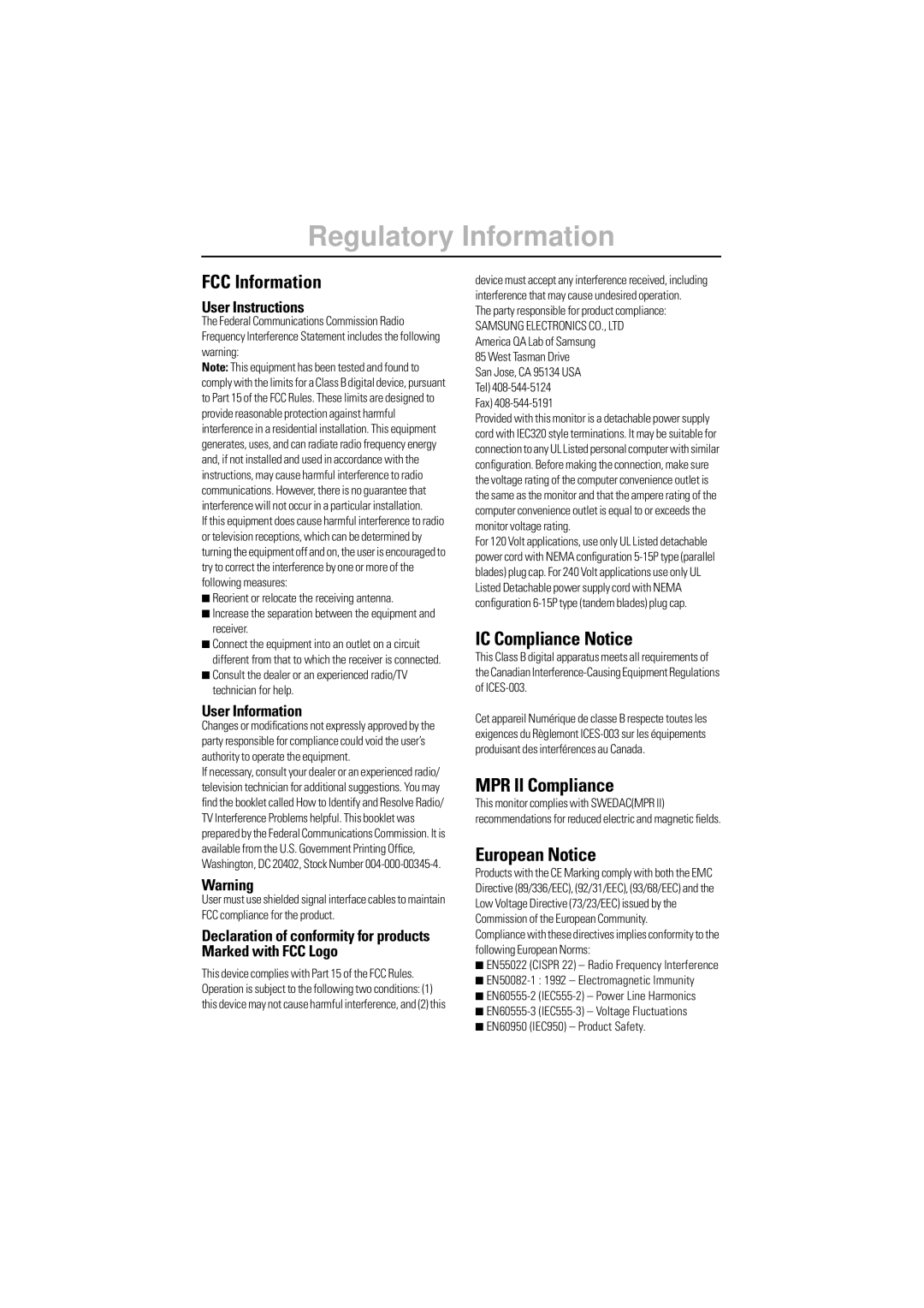 Samsung 150MP manual Regulatory Information, FCC Information, IC Compliance Notice, MPR II Compliance, European Notice 