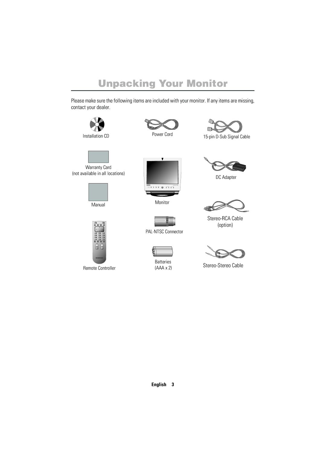 Samsung 150MP manual Unpacking Your Monitor 