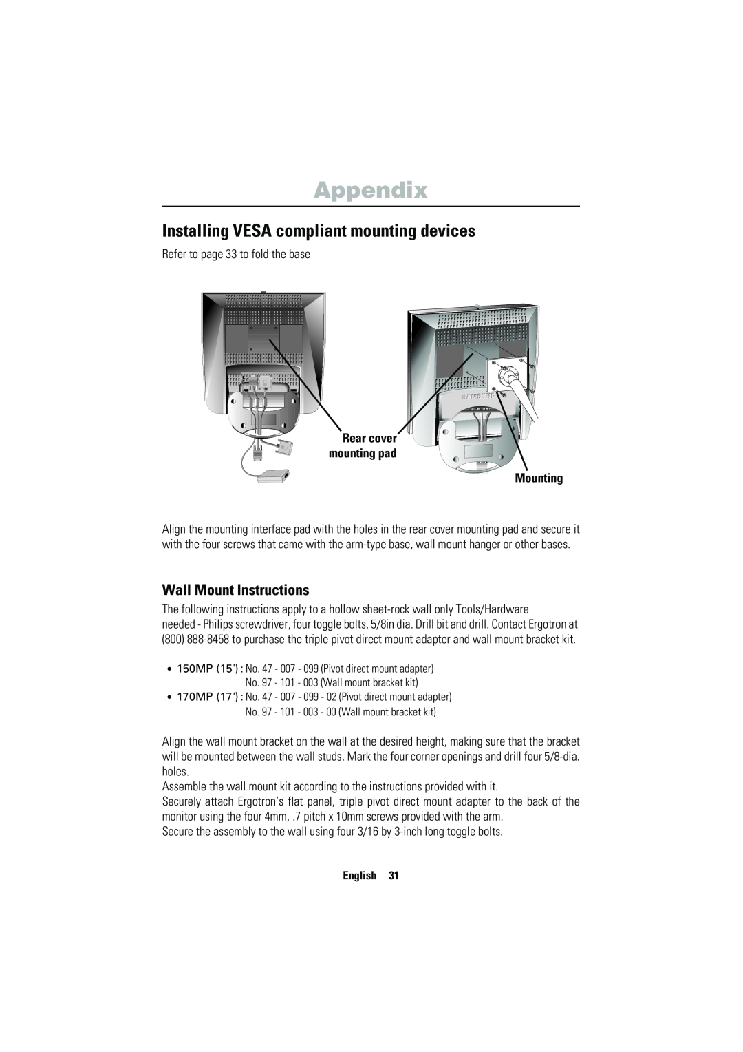 Samsung 150MP manual Installing VESA compliant mounting devices, Wall Mount Instructions, Mounting, Appendix 