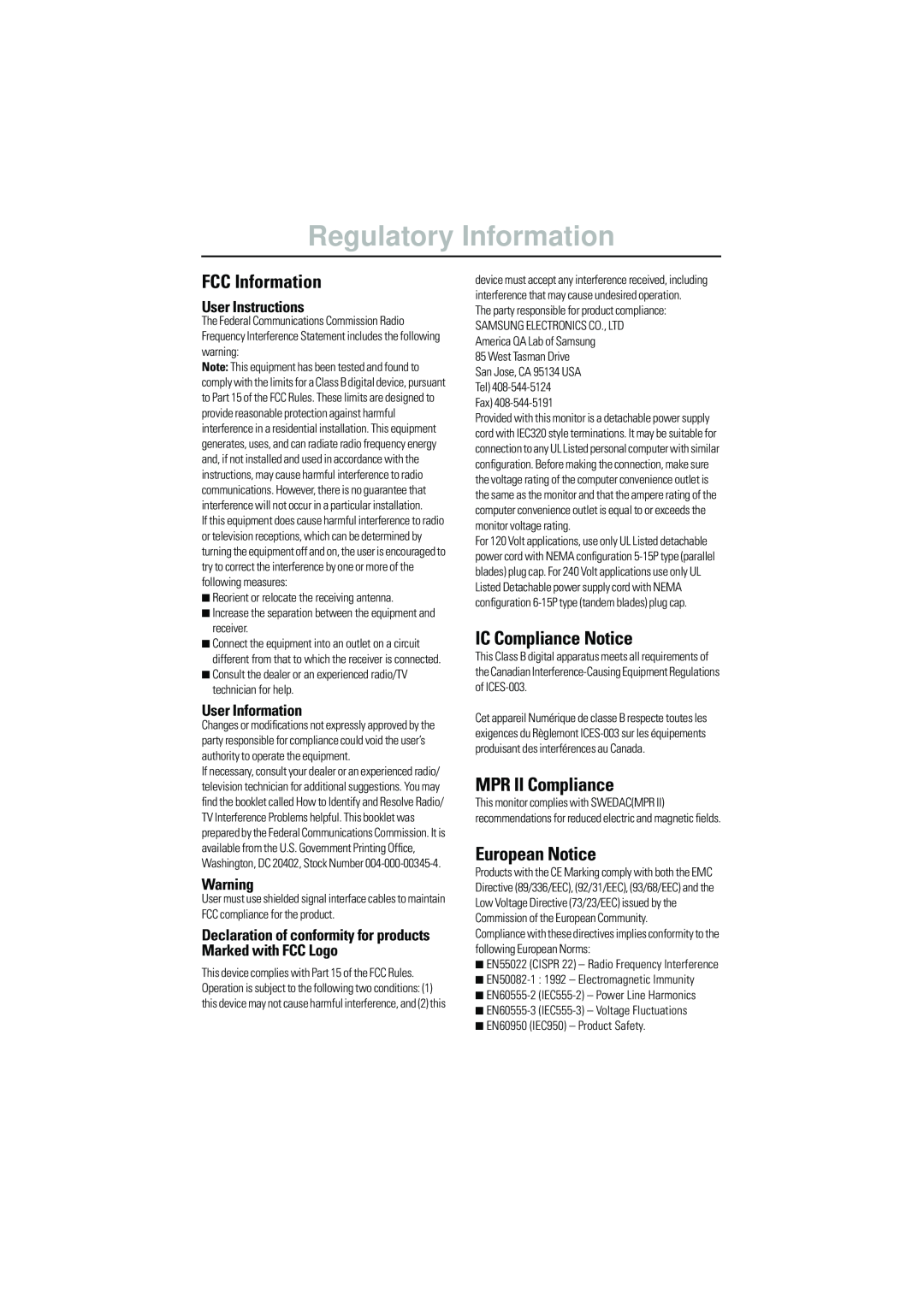 Samsung 150MP manual Regulatory Information, FCC Information, IC Compliance Notice, MPR II Compliance, European Notice 