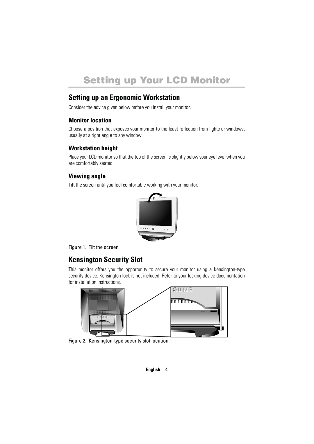 Samsung 150MP Setting up Your LCD Monitor, Setting up an Ergonomic Workstation, Kensington Security Slot, Monitor location 