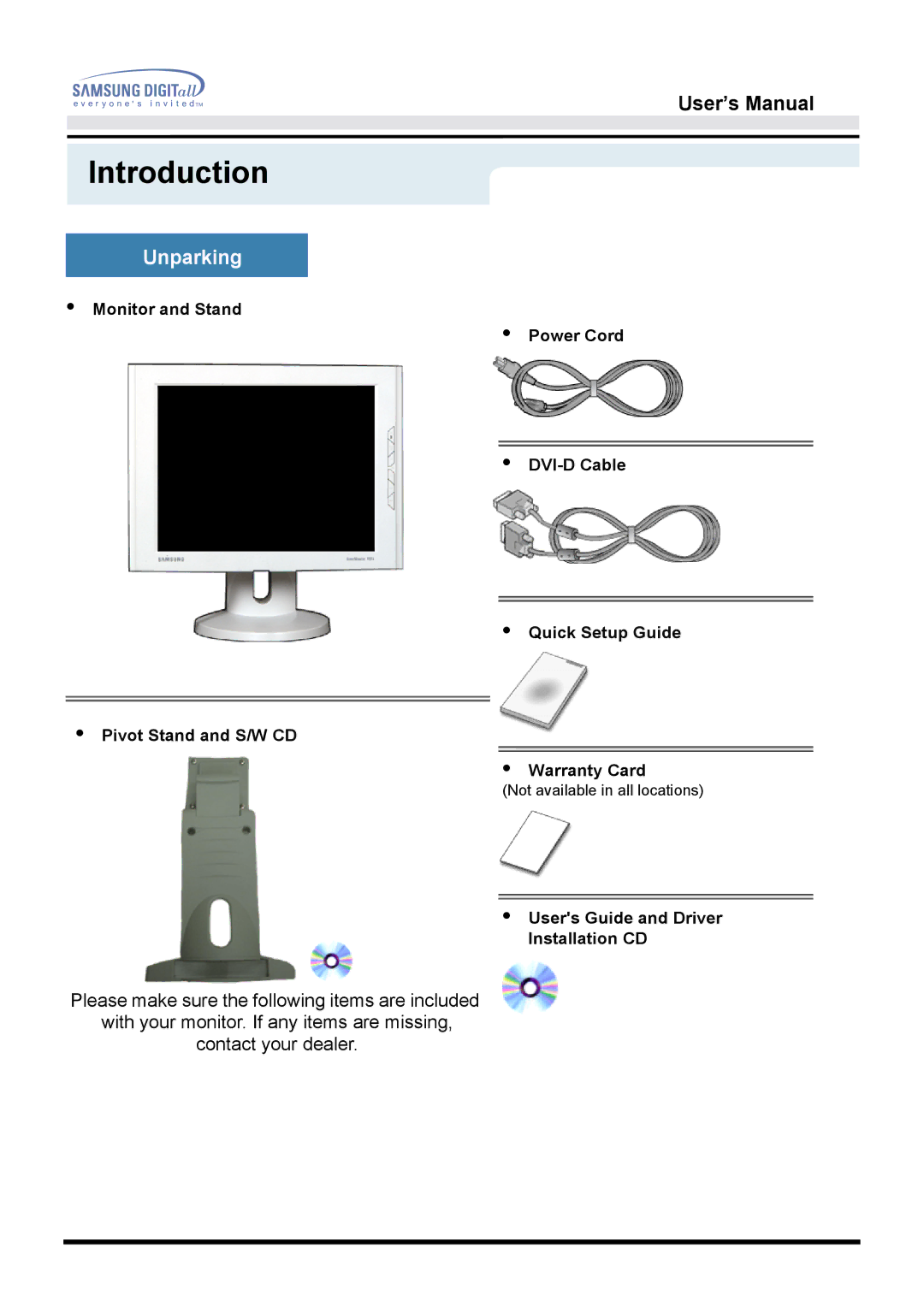 Samsung 151D user manual Introduction, Users Guide and Driver Installation CD 