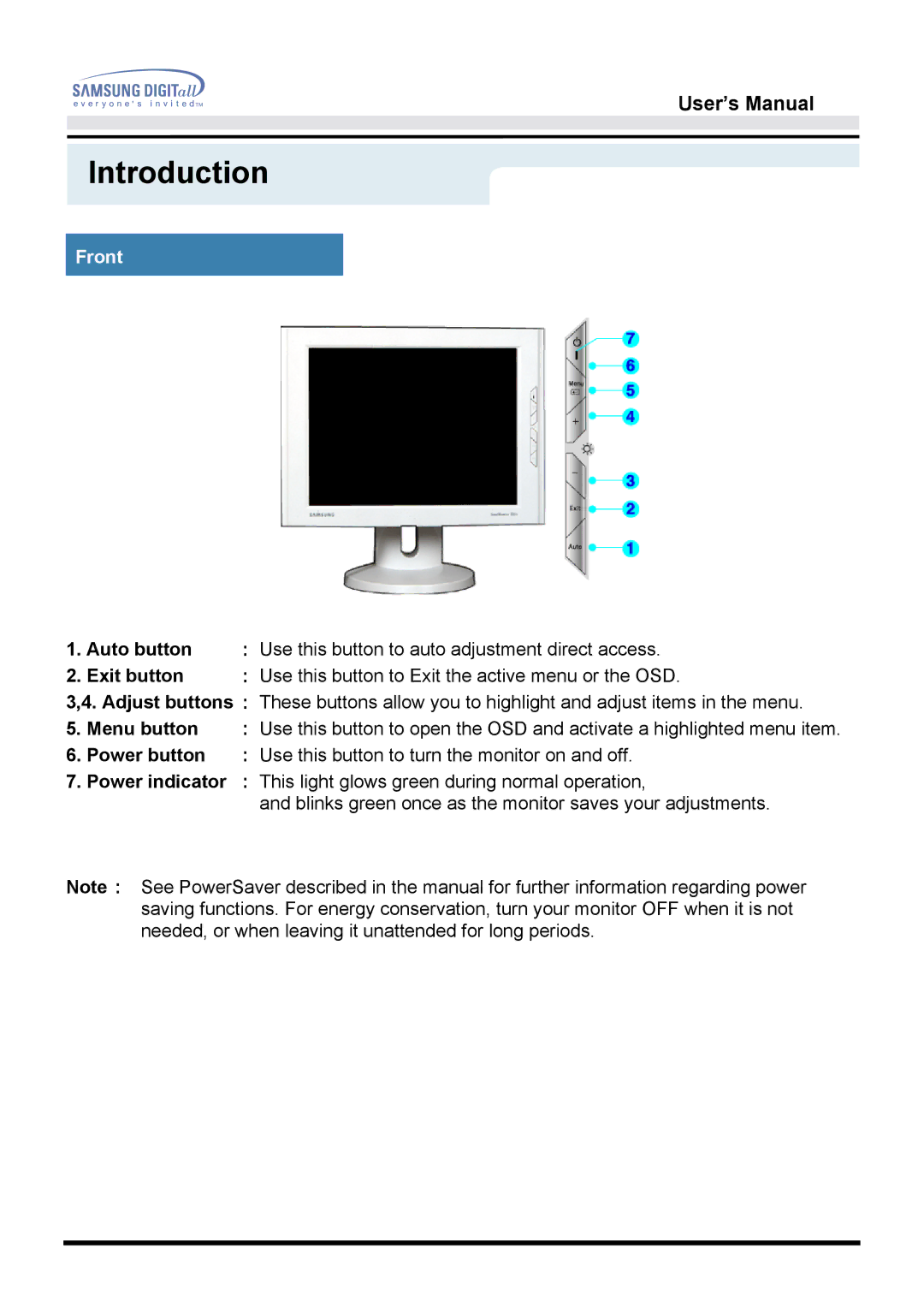 Samsung 151D user manual Front 