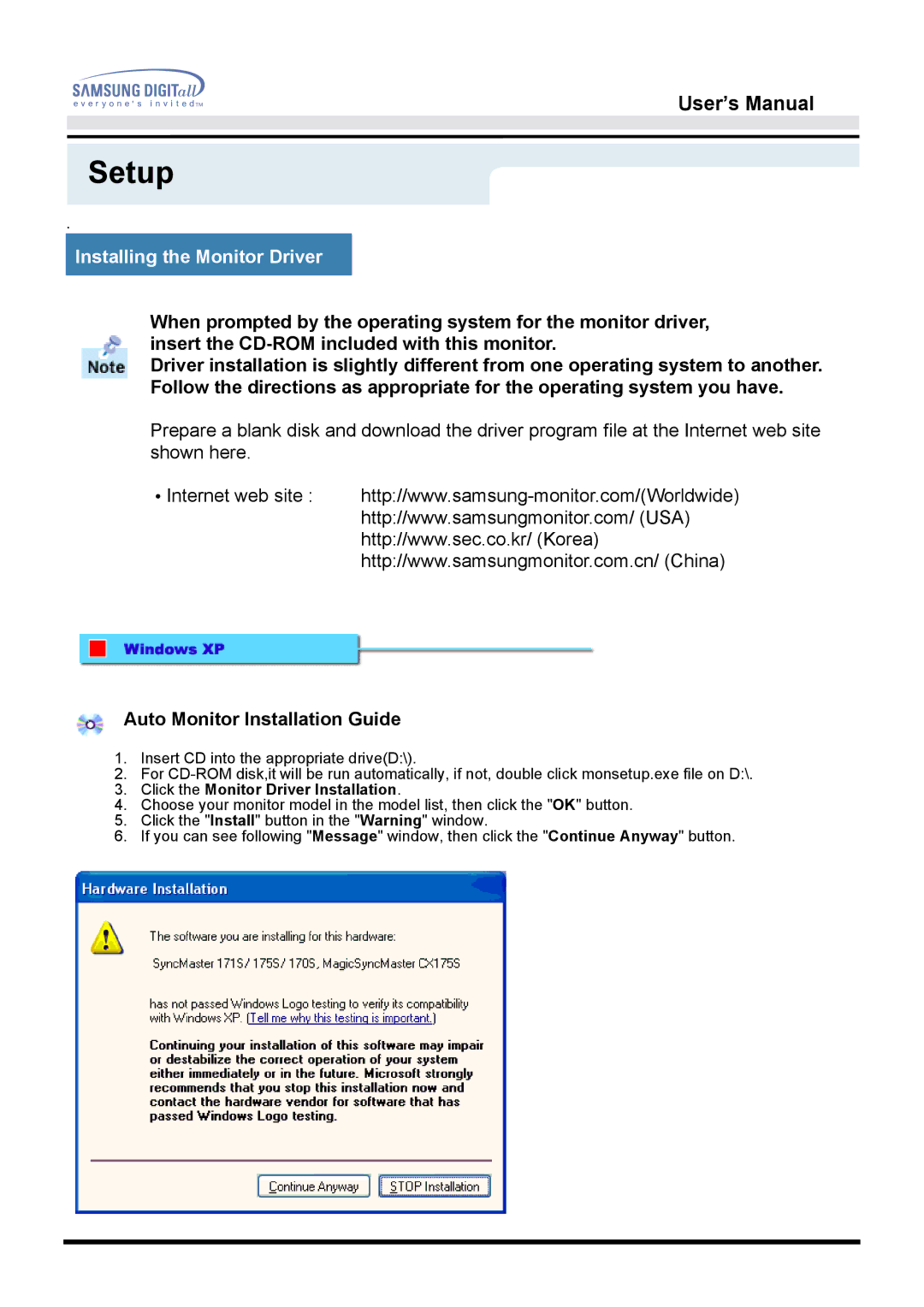 Samsung 151D user manual Installing the Monitor Driver, Auto Monitor Installation Guide 