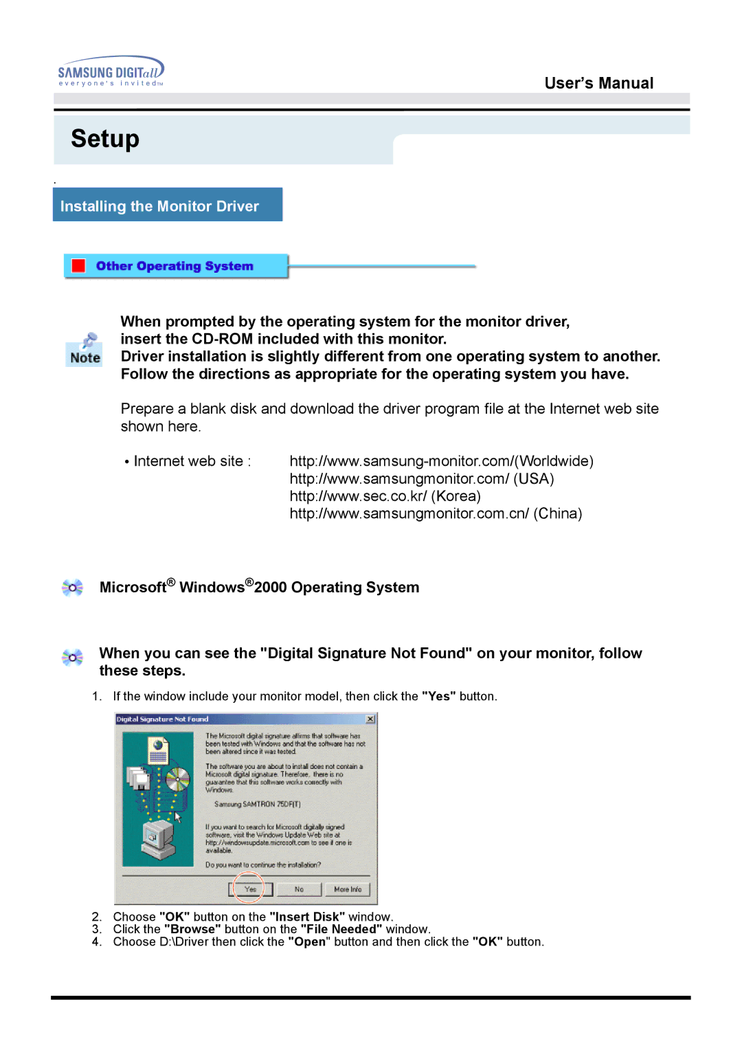 Samsung 151D user manual Setup 