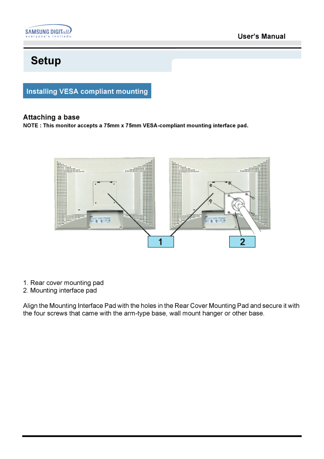 Samsung 151D user manual Attaching a base 