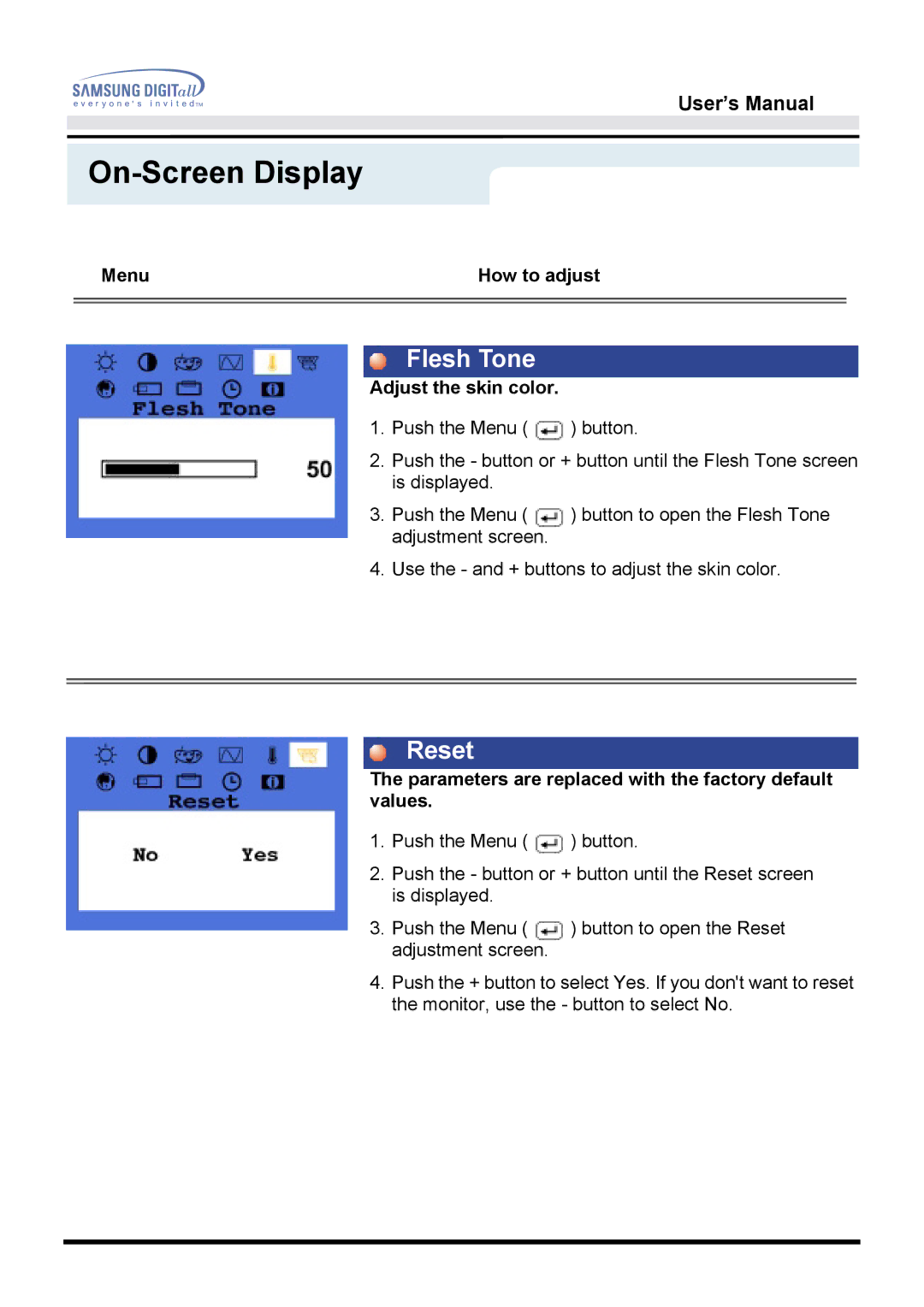 Samsung 151D user manual Flesh Tone, Reset, Adjust the skin color, Parameters are replaced with the factory default values 