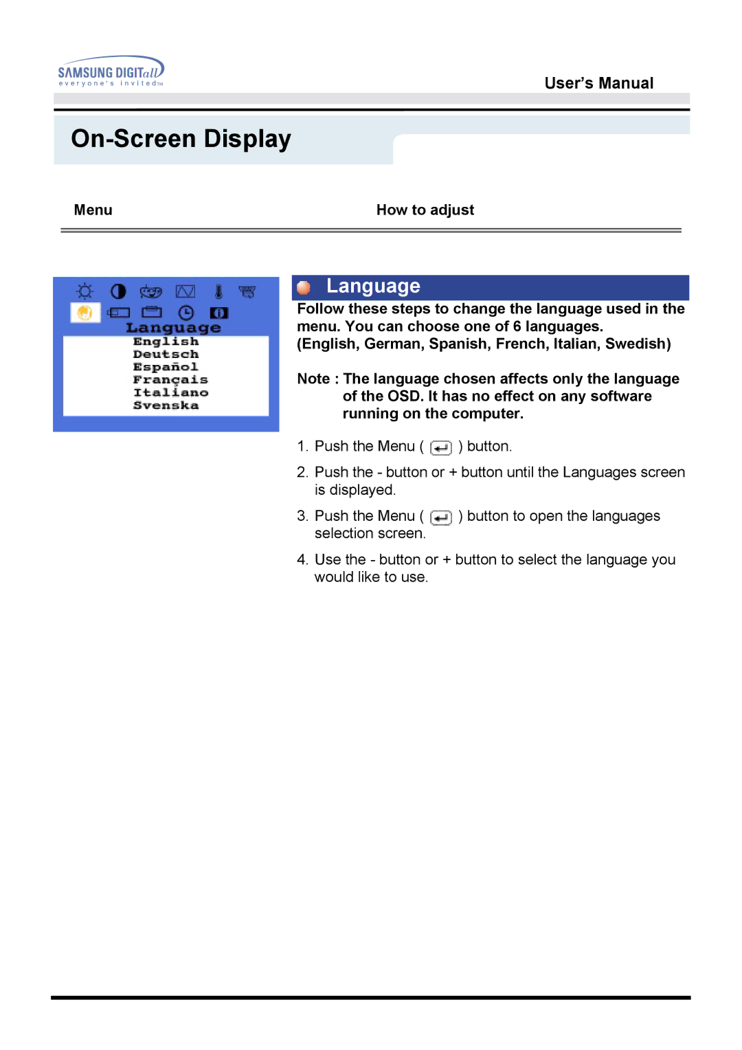 Samsung 151D user manual Language 