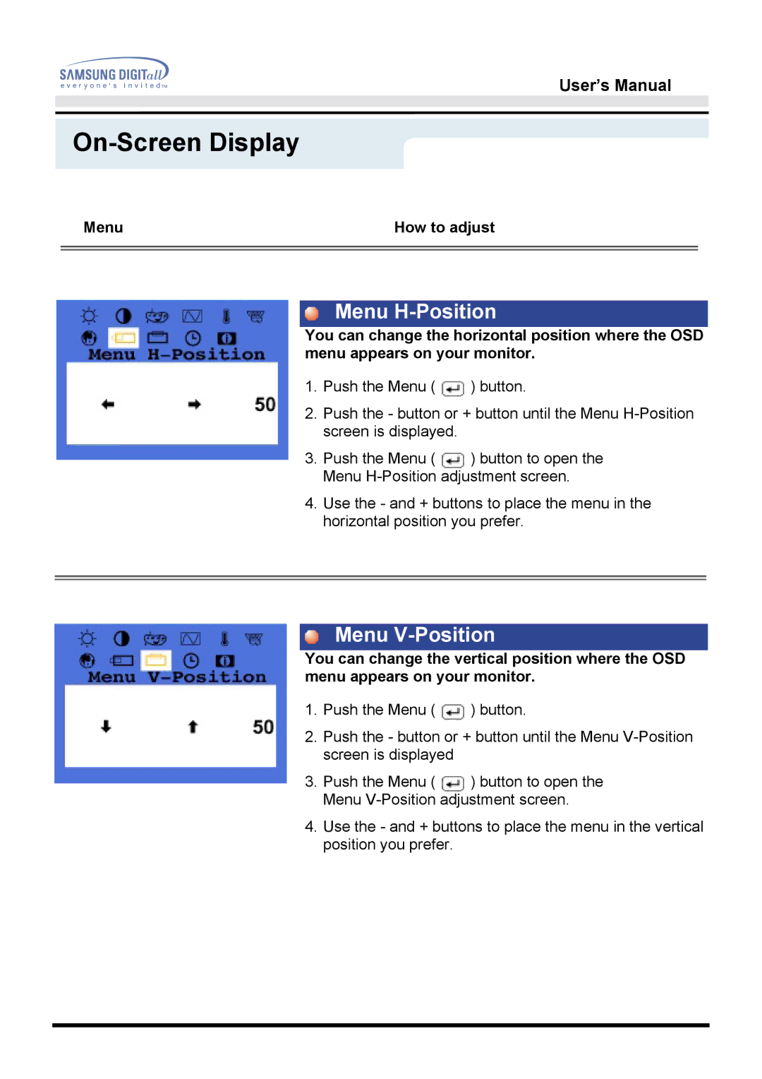 Samsung 151D user manual Menu H-Position, Menu V-Position 