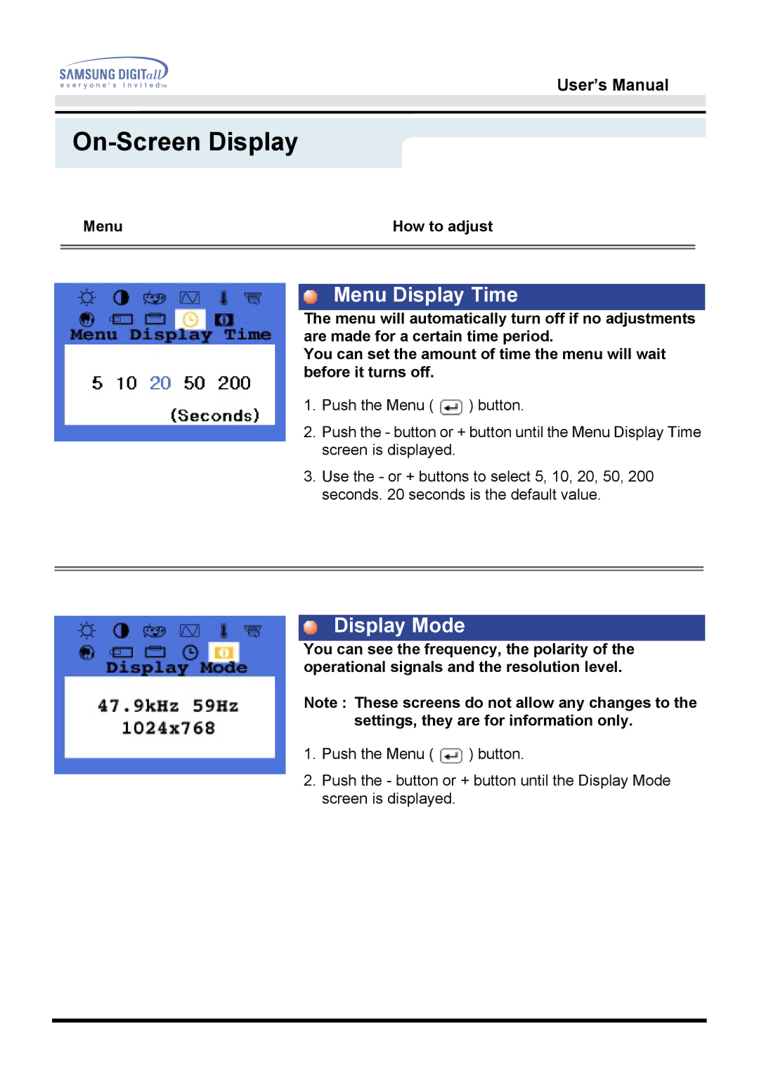 Samsung 151D user manual Menu Display Time, Display Mode 