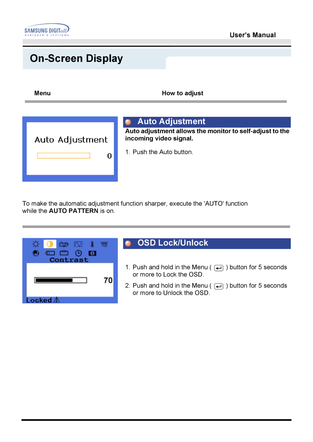 Samsung 151D user manual Auto Adjustment, OSD Lock/Unlock 