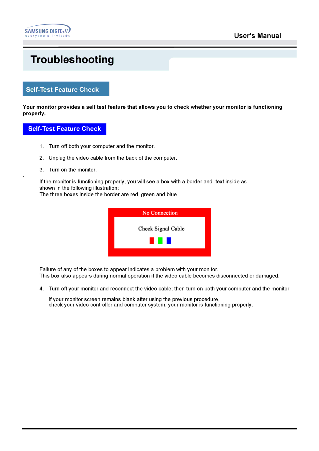 Samsung 151D user manual Self-Test Feature Check 