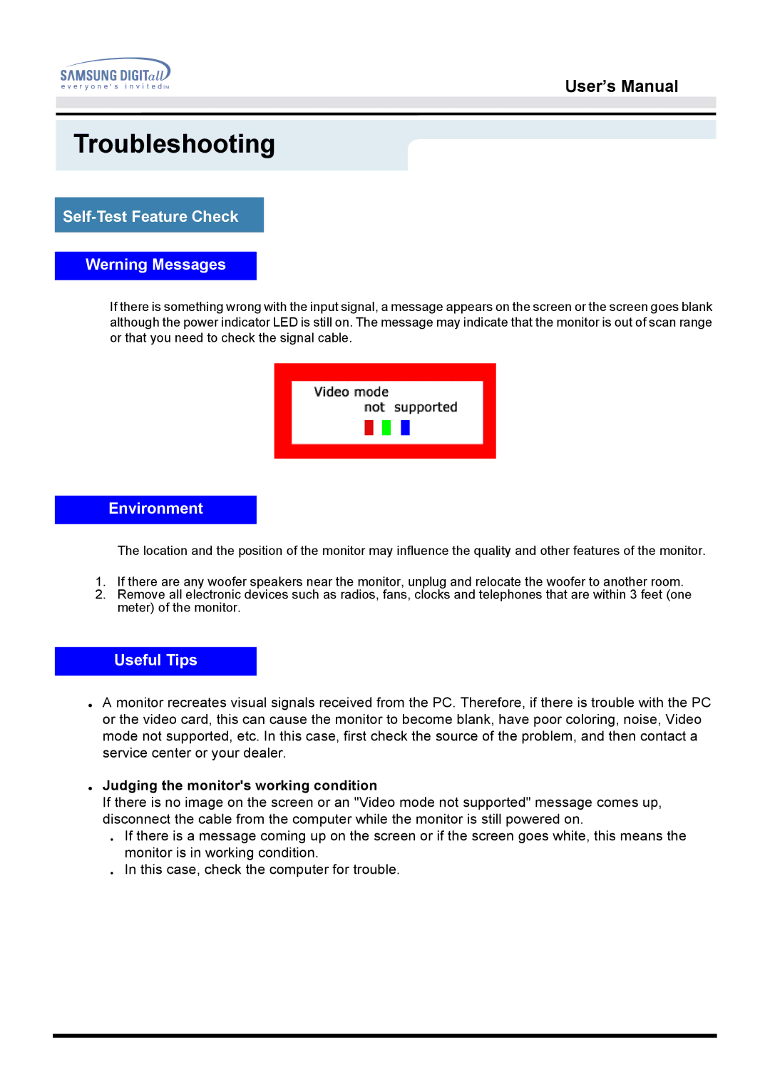 Samsung 151D Self-Test Feature Check Werning Messages, Environment, Useful Tips, Judging the monitors working condition 